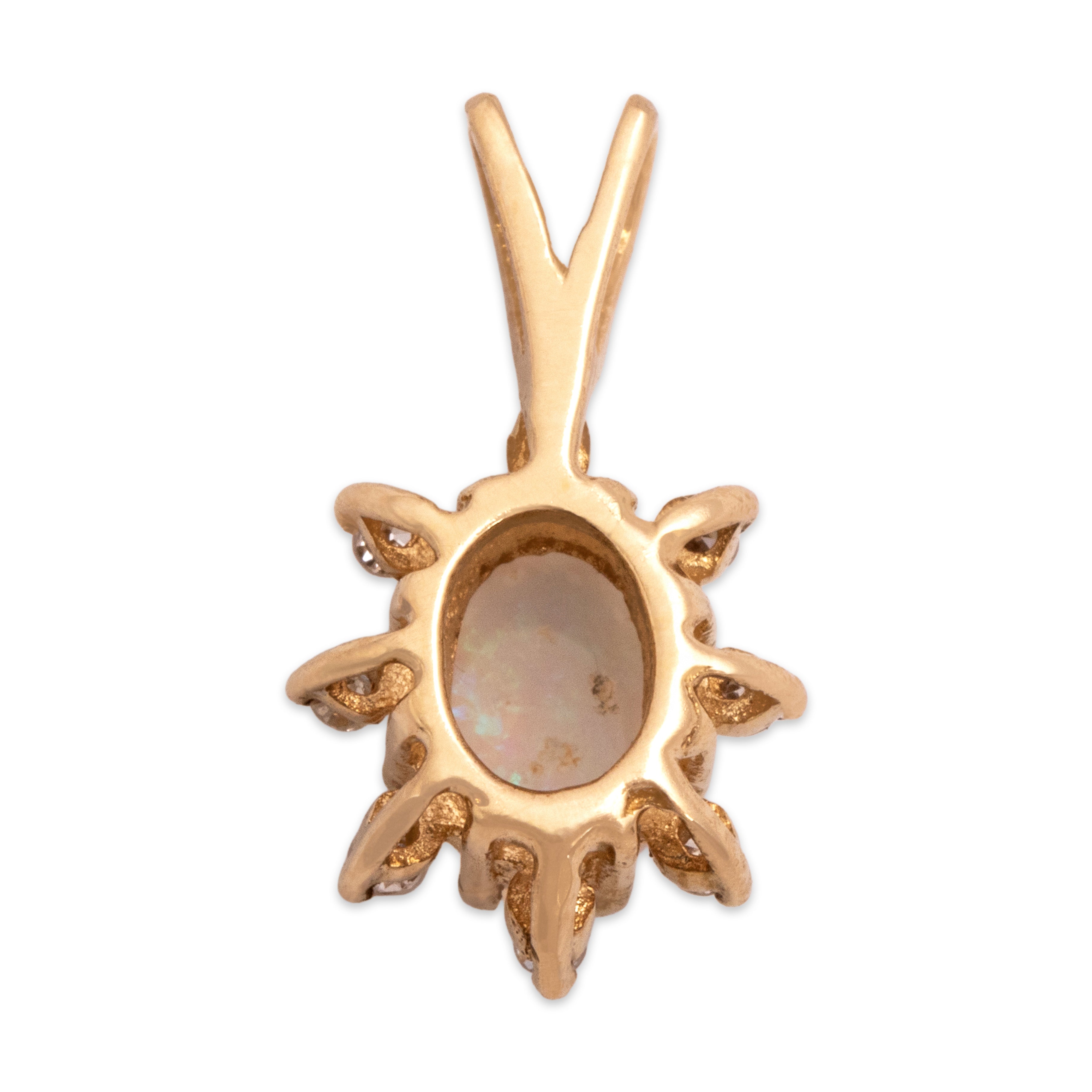 Vintage 14k Yellow Gold Opal Diamond Rainbow Glowing Star Halo Pendant - Back view