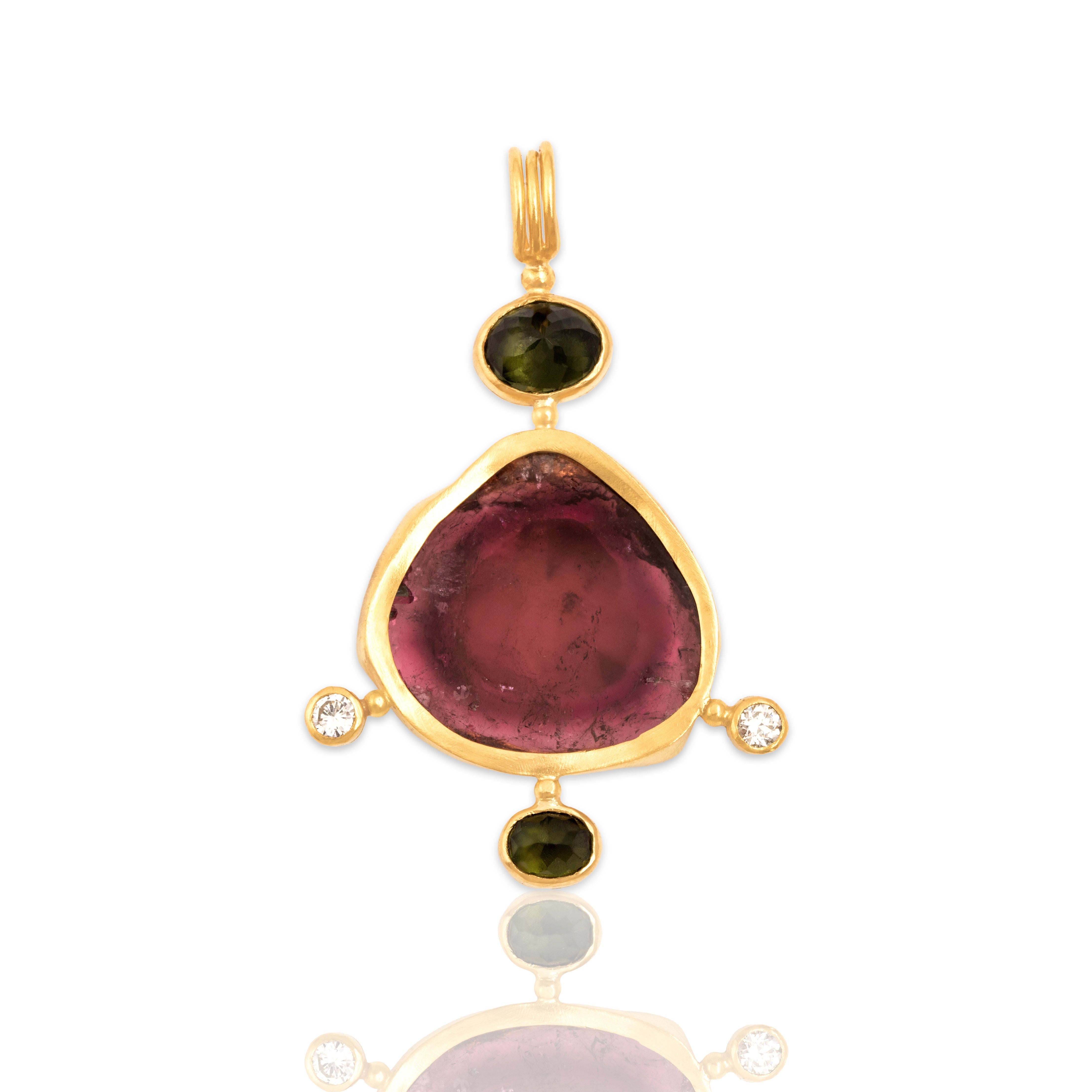 Vintage Large 22k Yellow Gold Pink & Green Tourmaline Diamond Pendant - Close-up view