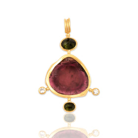 Vintage Large 22k Yellow Gold Pink & Green Tourmaline Diamond Pendant
