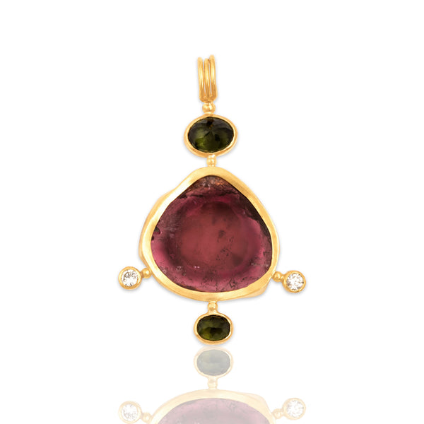 Vintage Large 22k Yellow Gold Pink & Green Tourmaline Diamond Pendant