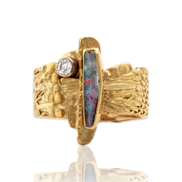 Vintage 18k Yellow Gold Diamond Opal Funky Woven Wide Band Ring 7.00