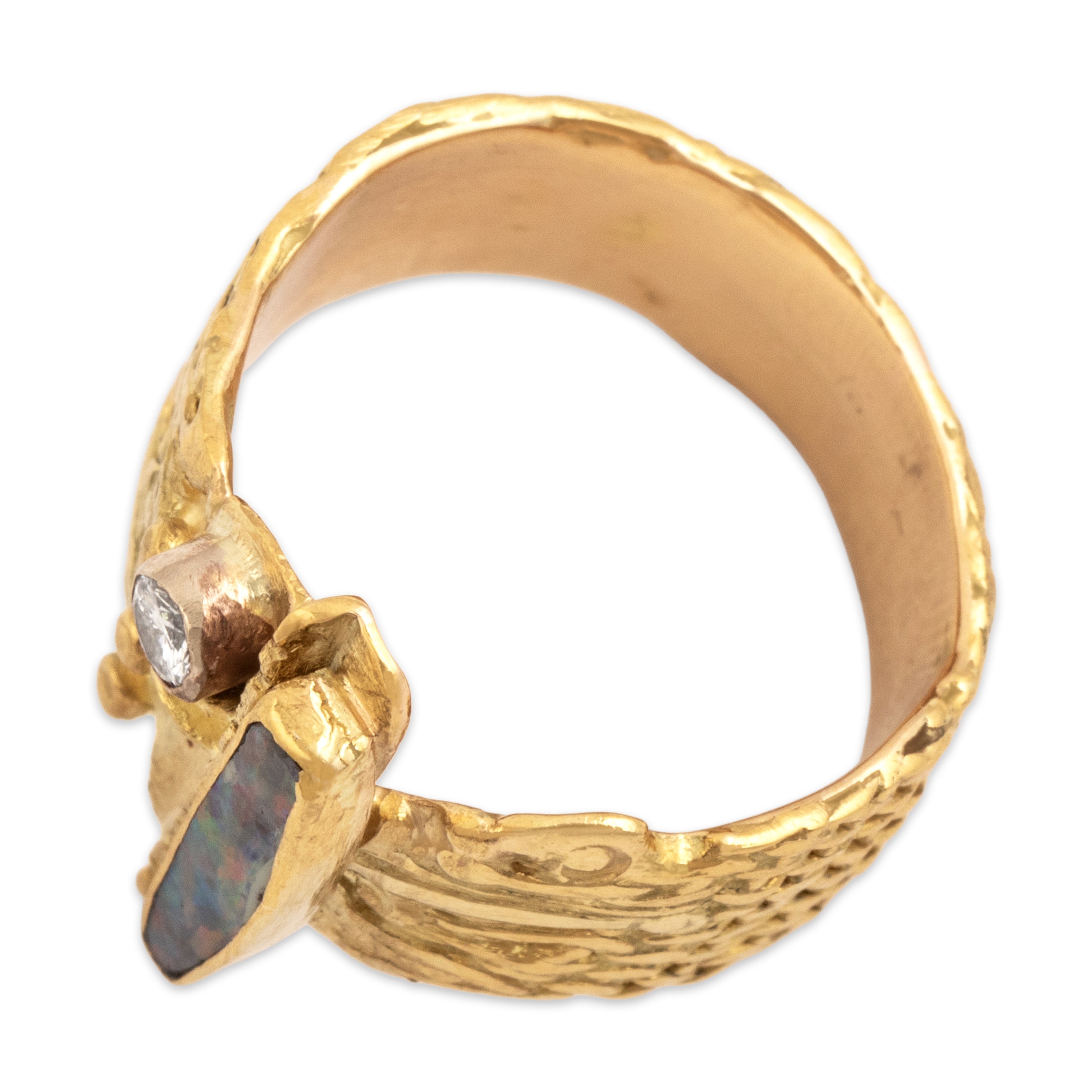 Vintage 18k Yellow Gold Diamond Opal Funky Artistic Woven Wide Band Rainbow Glimmer Ring - Overall view