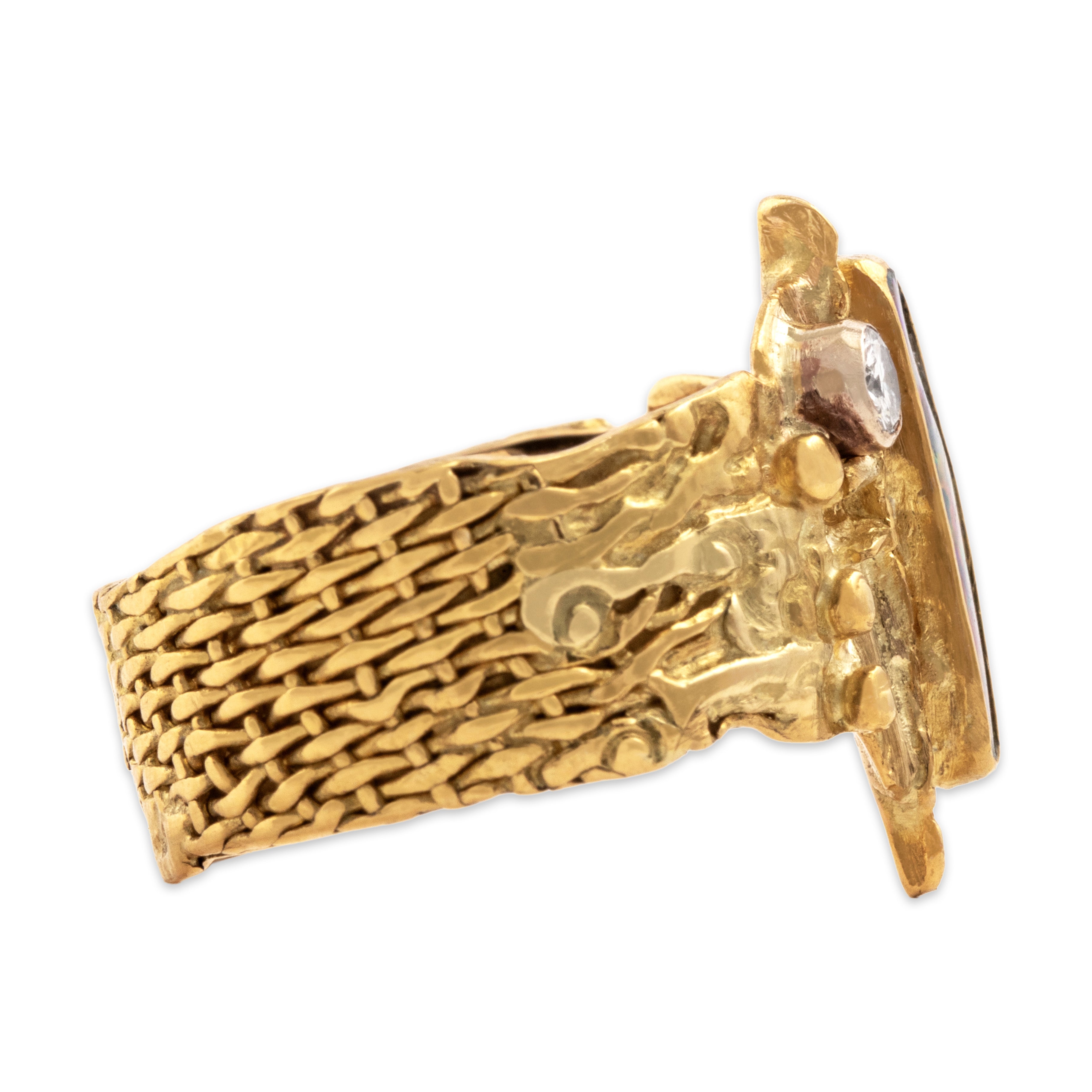 Vintage 18k Yellow Gold Diamond Opal Funky Artistic Woven Wide Band Rainbow Glimmer Ring - Side view