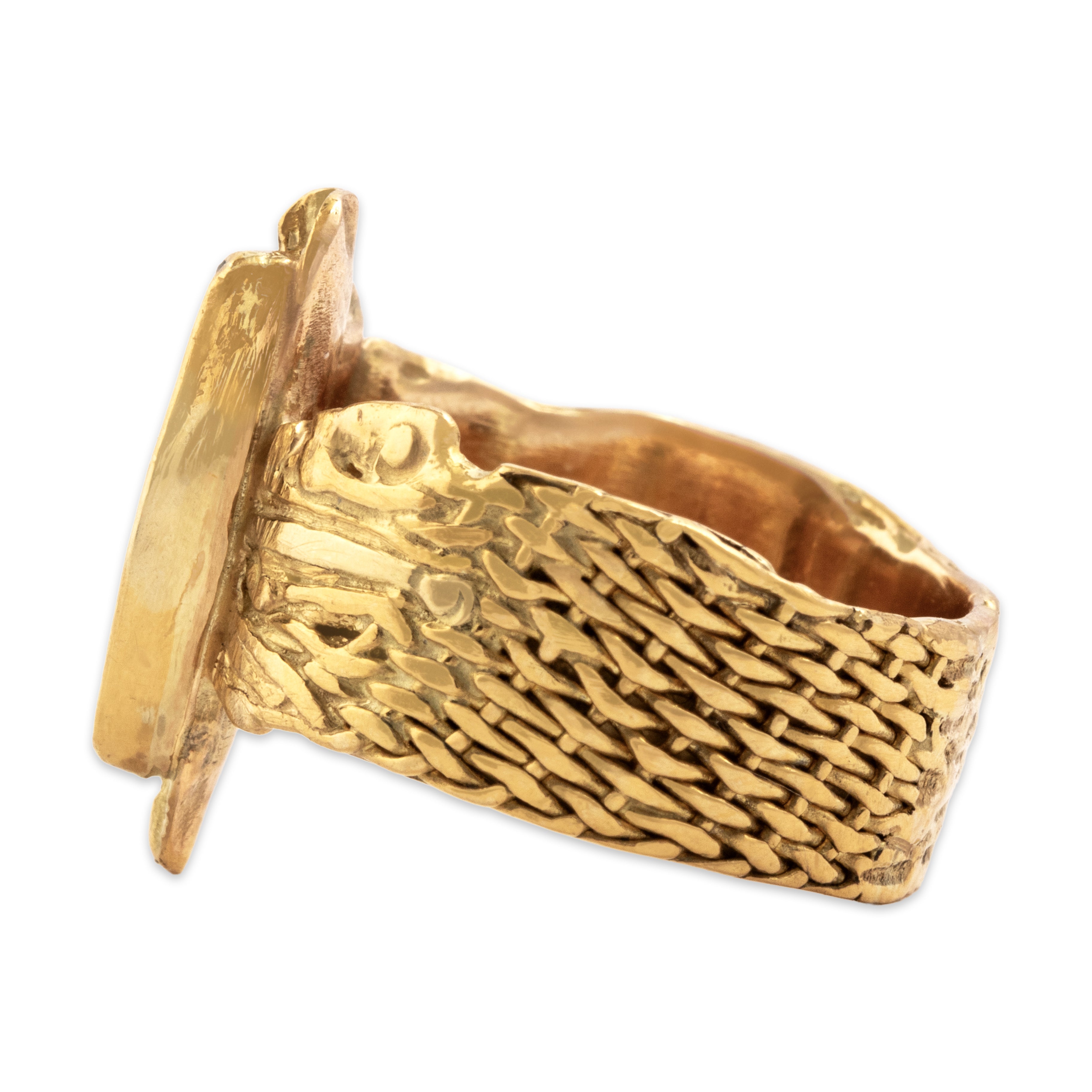 Vintage 18k Yellow Gold Diamond Opal Funky Artistic Woven Wide Band Rainbow Glimmer Ring - Side view