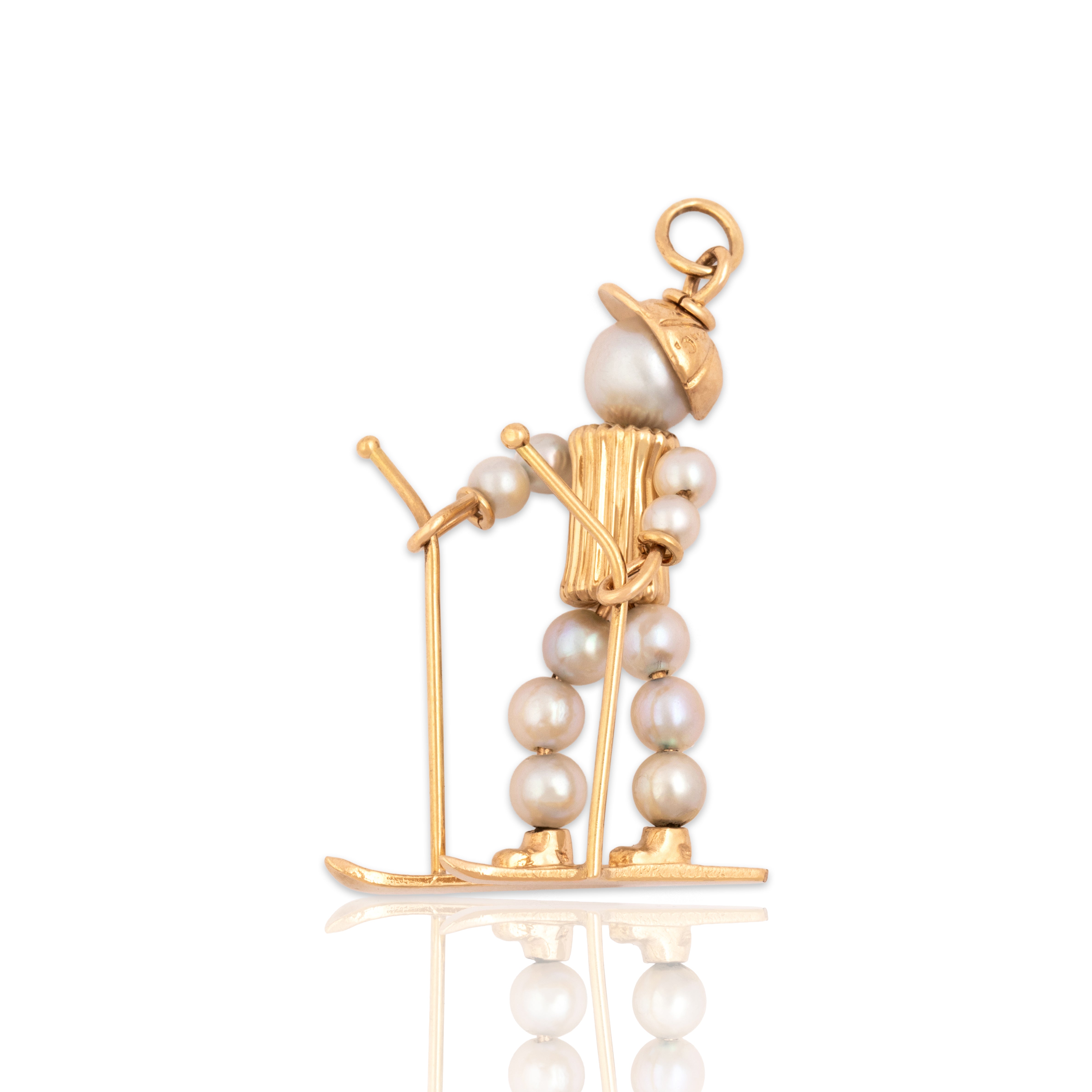 Vintage 14k Yellow Gold Pearl Delightful Sporty Skier Pendant - Close-up view