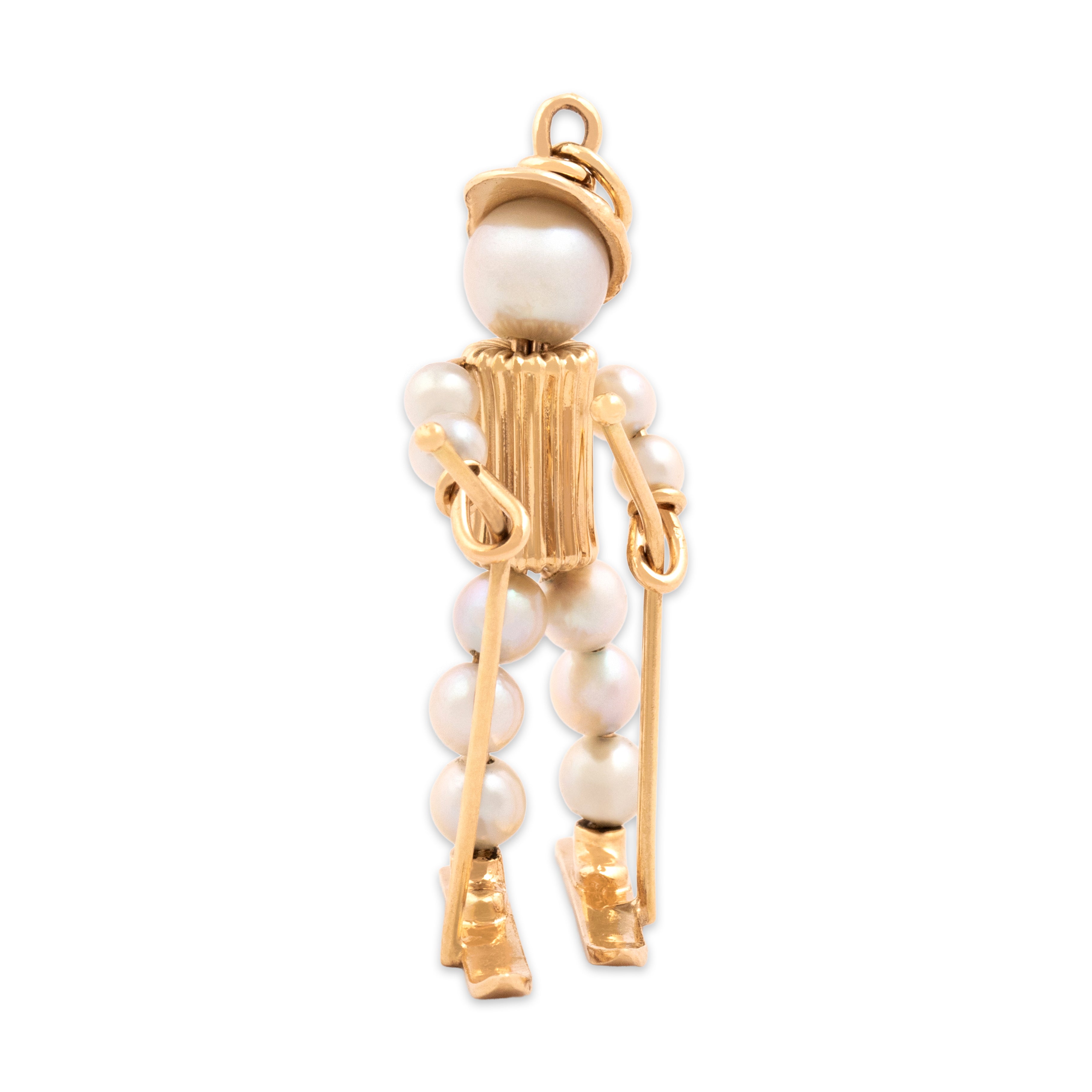 Vintage 14k Yellow Gold Pearl Delightful Sporty Skier Pendant - Overall view