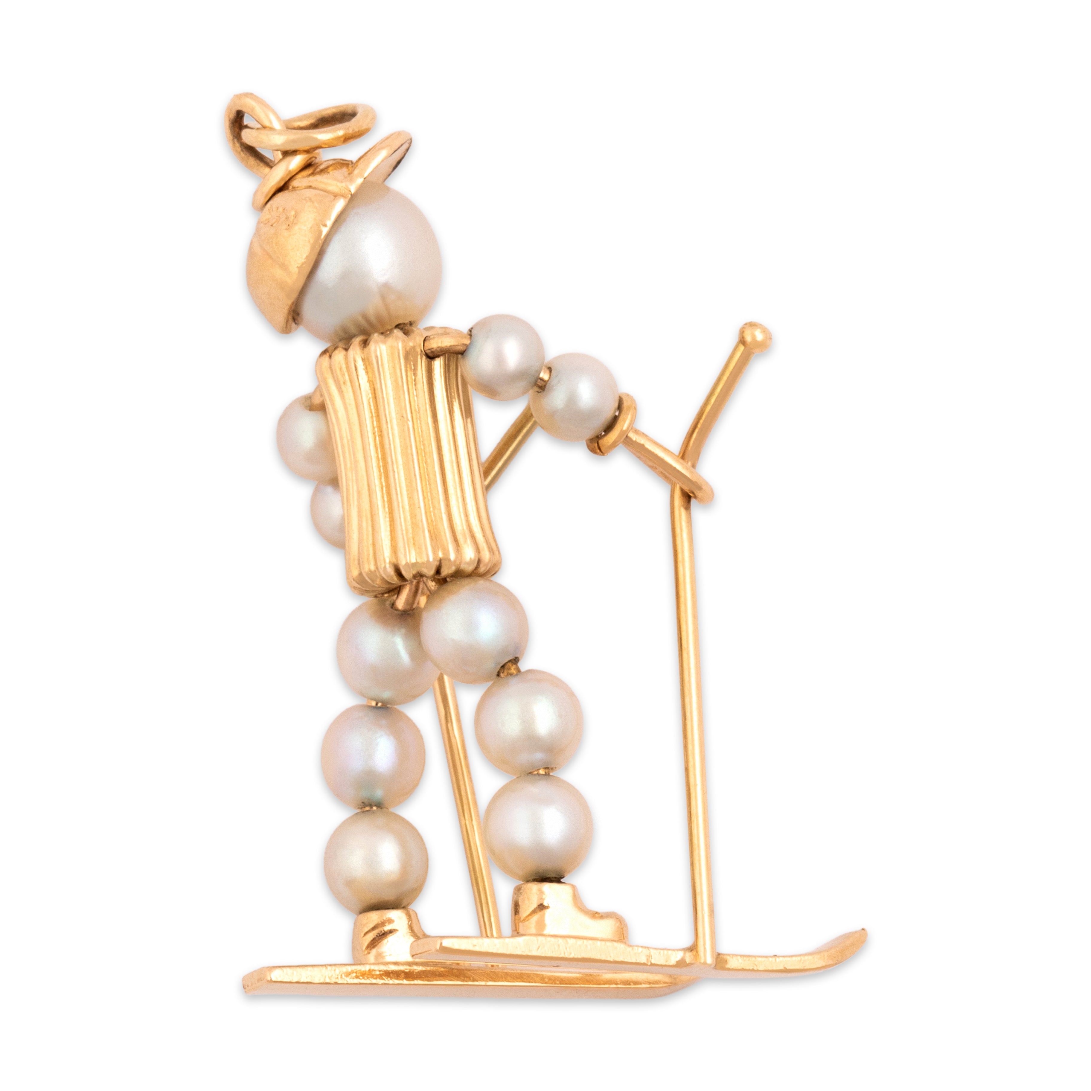 Vintage 14k Yellow Gold Pearl Delightful Sporty Skier Pendant - detail view #1