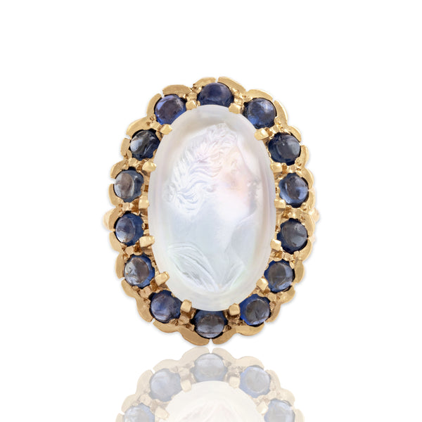 Vintage 14k Yellow Gold 6.58ct Moonstone 1.78cttw Sapphire Unusual Carved Ring 5.75