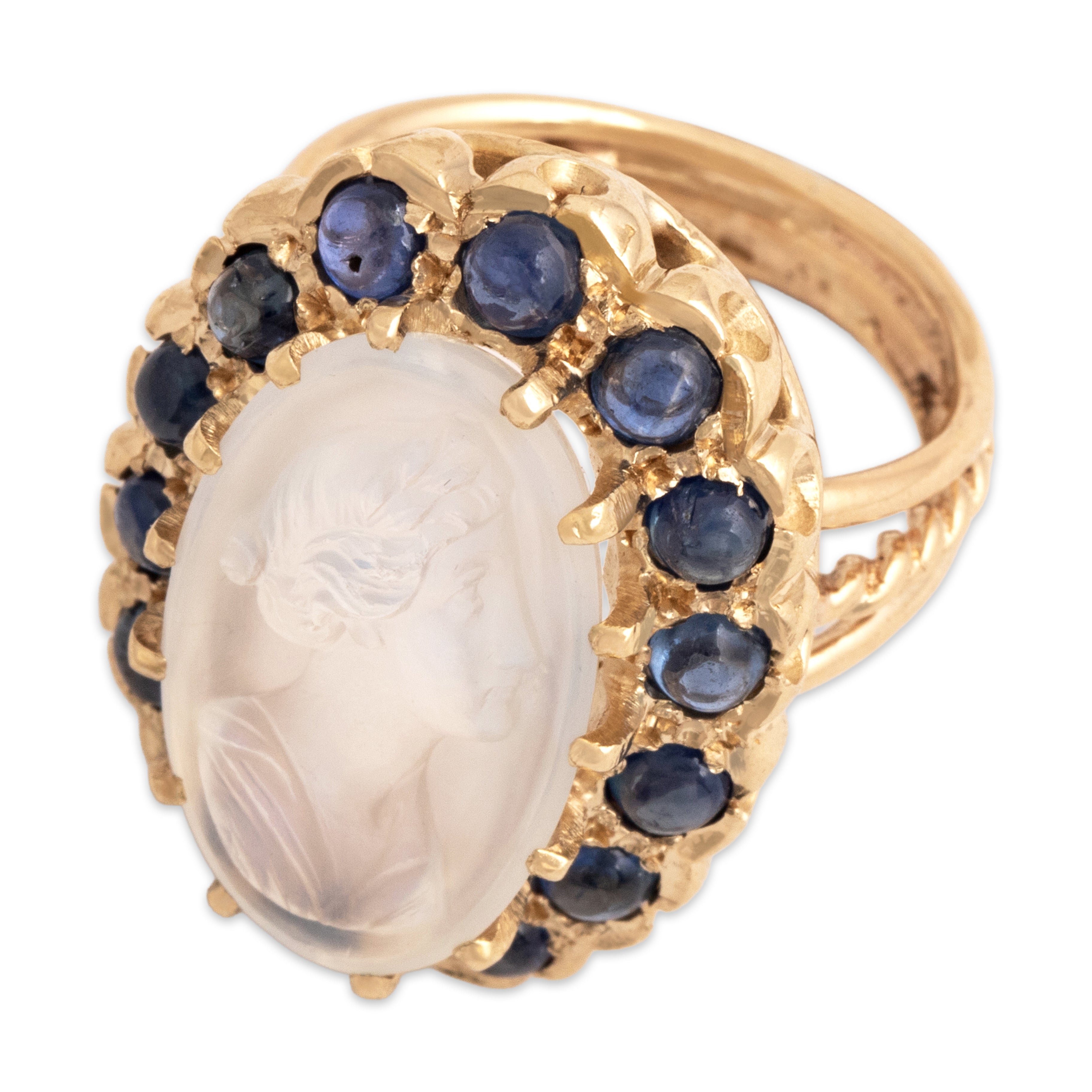 Vintage 14k Yellow Gold 6.58ct Moonstone 1.78cttw Blue Sapphire Unusual Glowing Carved Cameo Halo Ring - Overall view