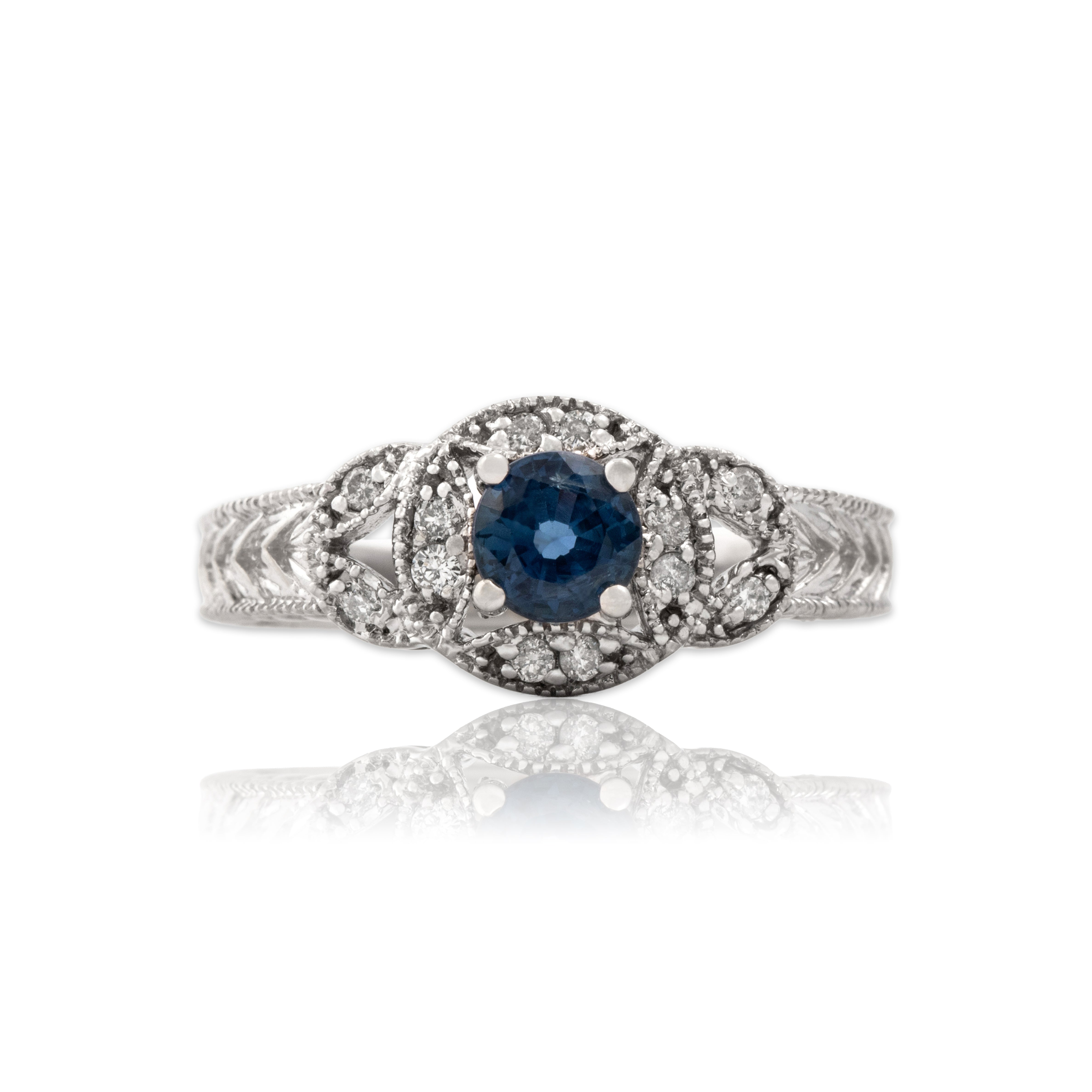 Vintage 14k White Gold .69ct Blue Sapphire Diamond Dazzling Heart-Detail Ring - Close-up view
