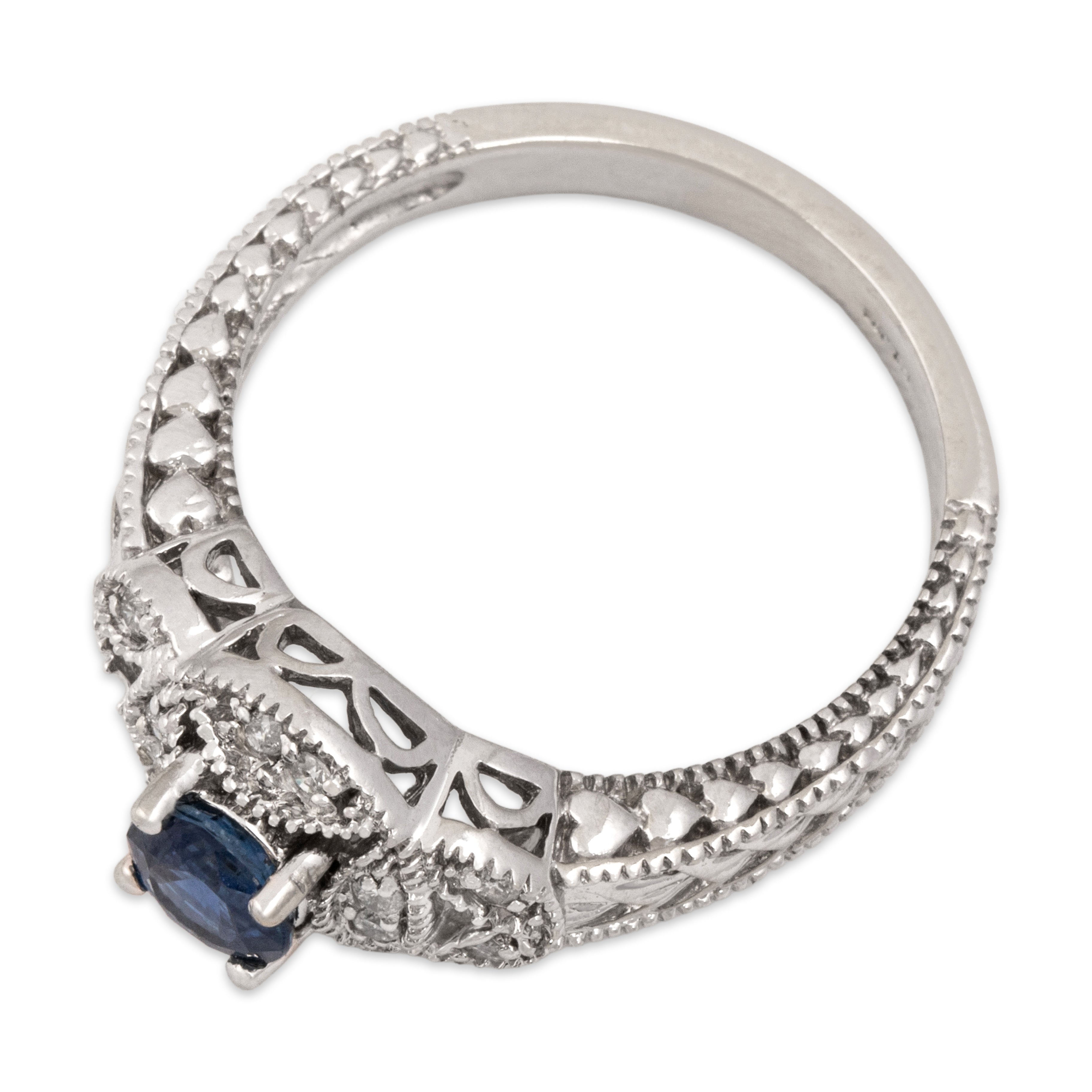 Vintage 14k White Gold .69ct Blue Sapphire Diamond Dazzling Heart-Detail Ring - Overall view