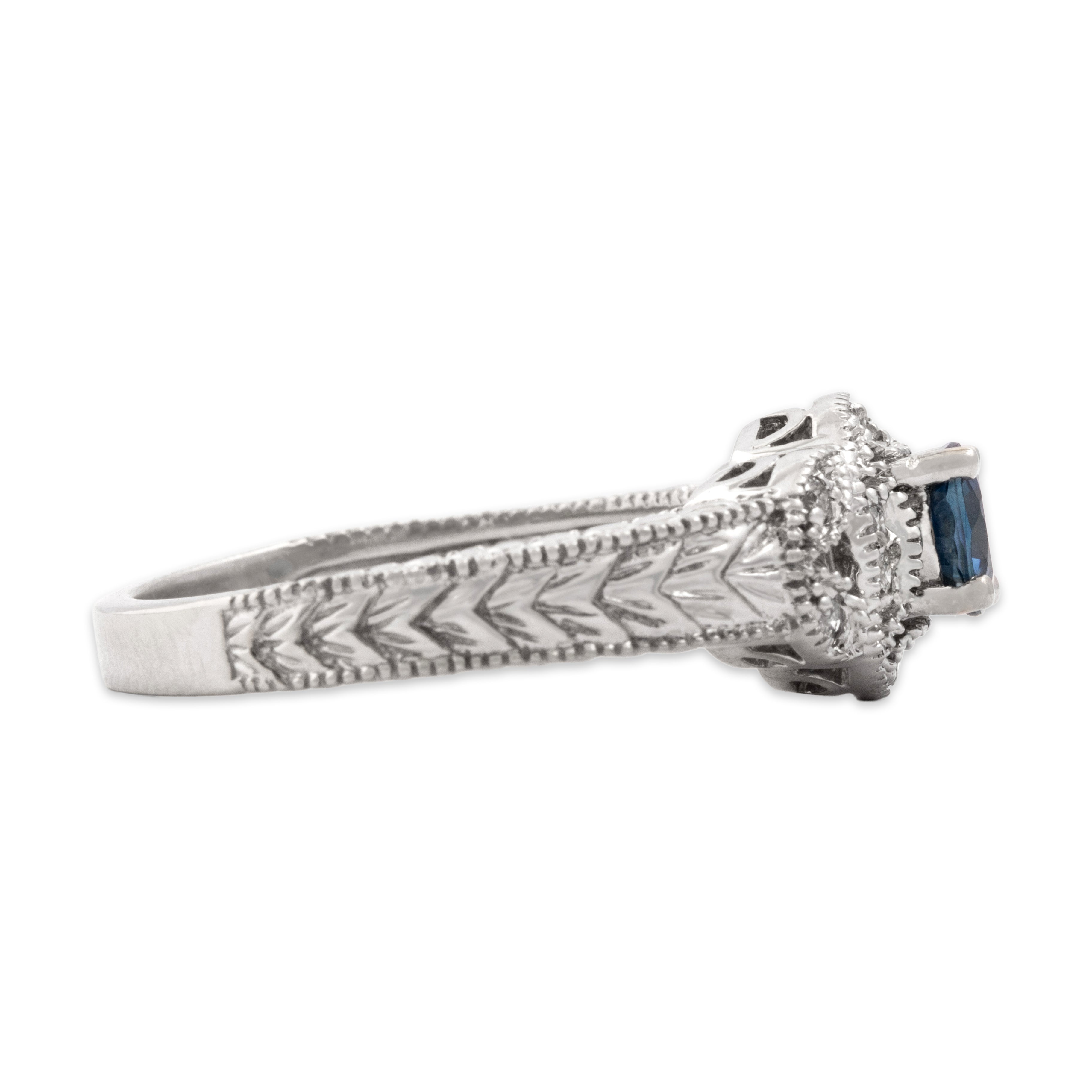 Vintage 14k White Gold .69ct Blue Sapphire Diamond Dazzling Heart-Detail Ring - Side view