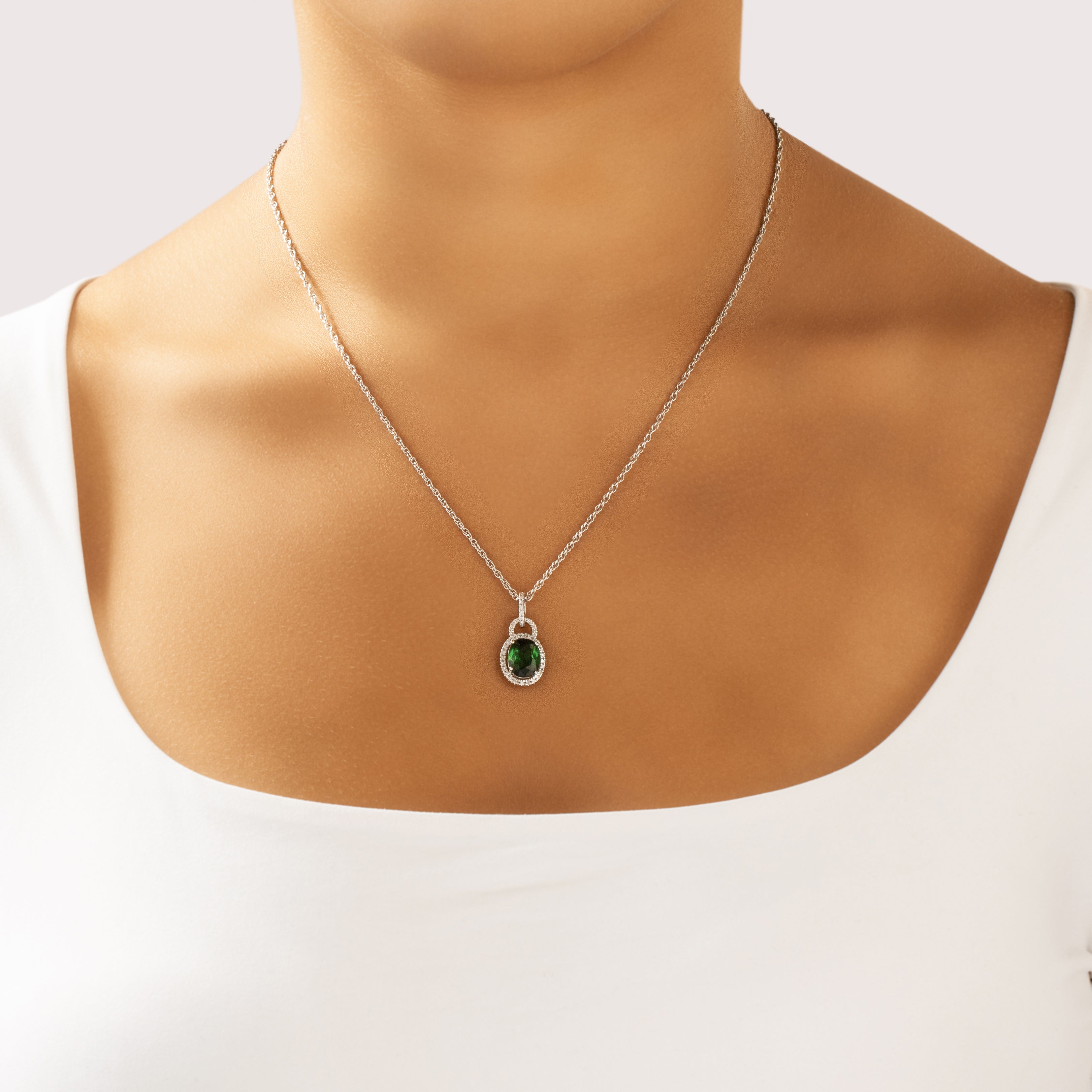 Vintage 14k White Gold 2.44ct Green Tourmaline Diamond Sophisticated Pave Halo Dangle Pendant - On model view
