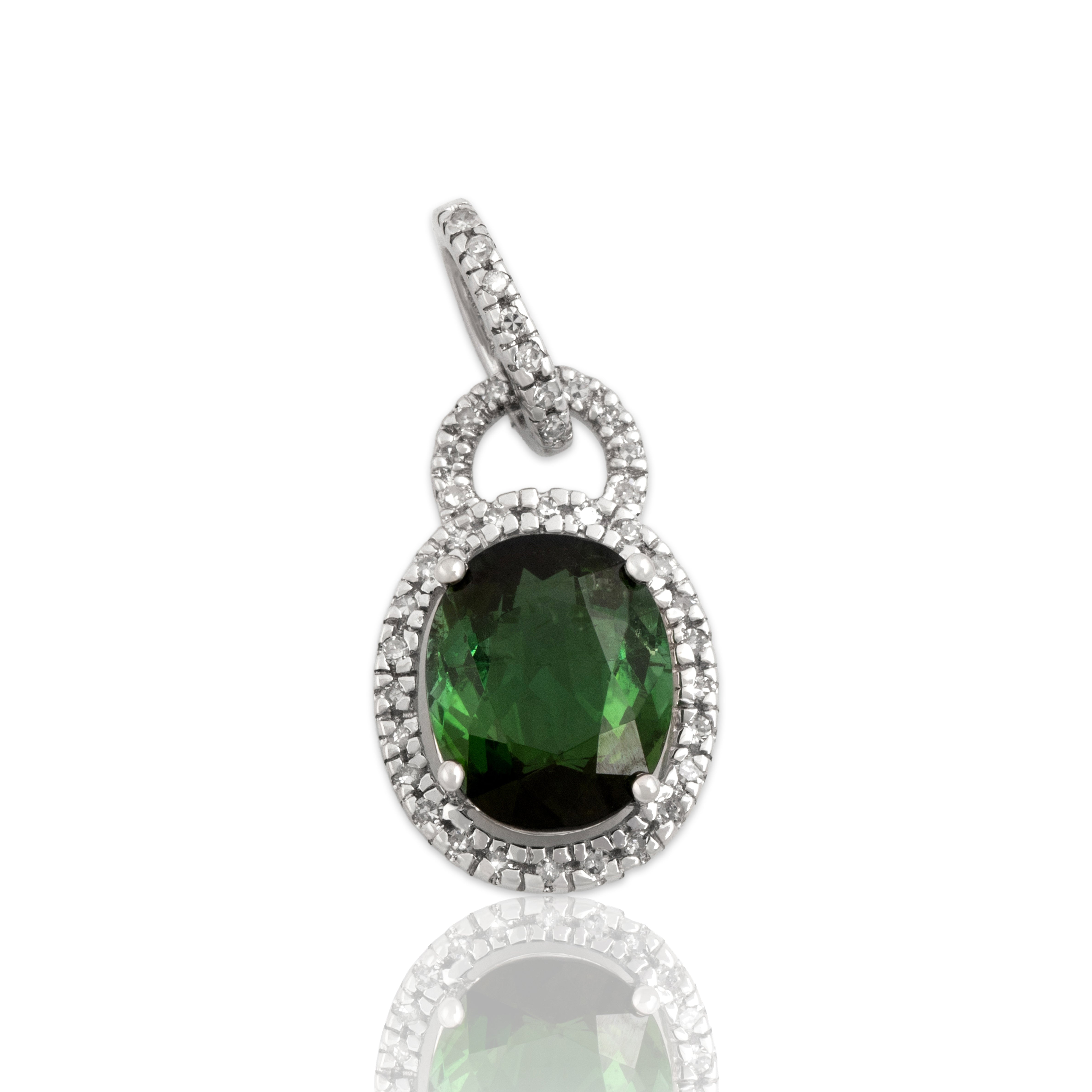 Vintage 14k White Gold 2.44ct Green Tourmaline Diamond Sophisticated Pave Halo Dangle Pendant - Close-up view
