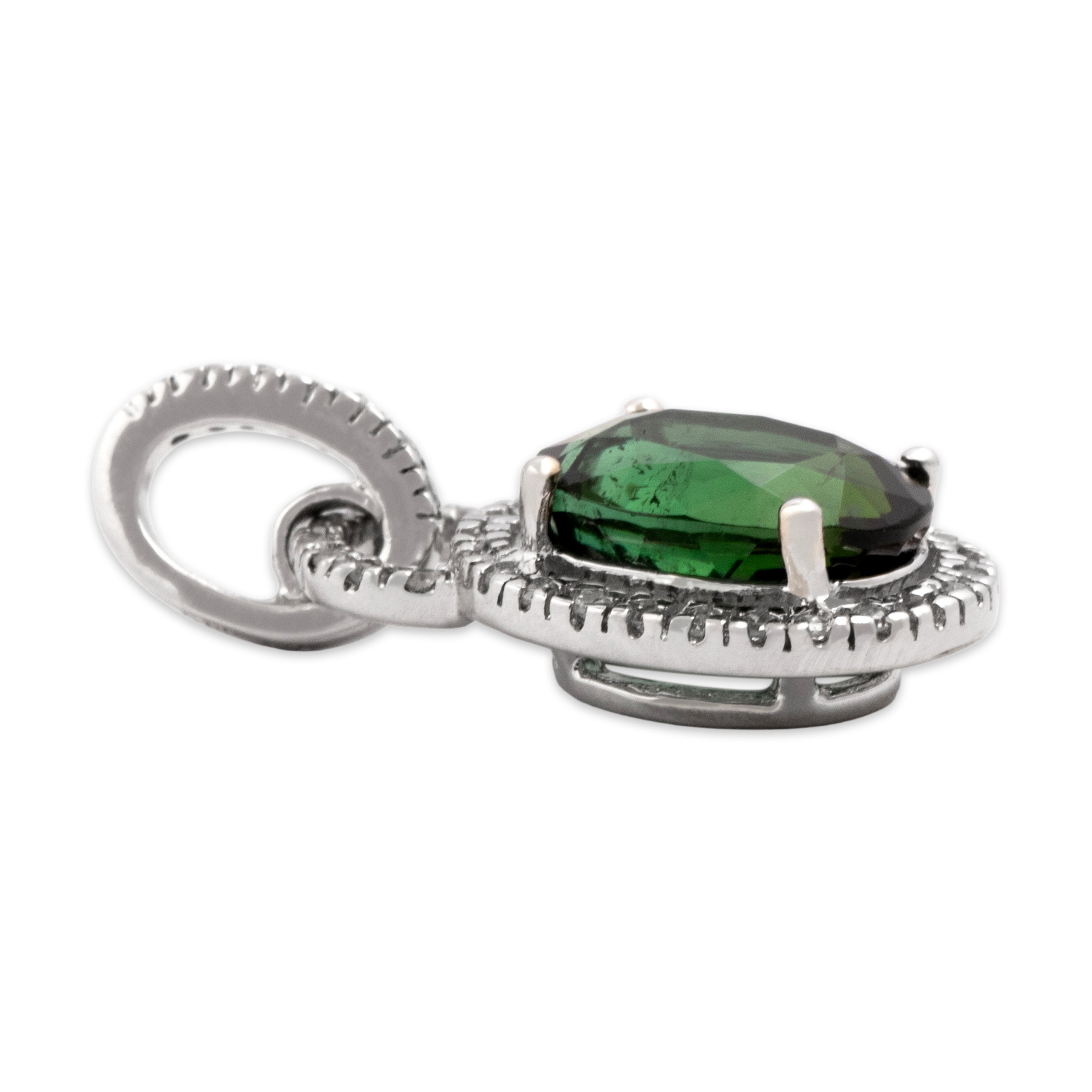 Vintage 14k White Gold 2.44ct Green Tourmaline Diamond Sophisticated Pave Halo Dangle Pendant - Side view