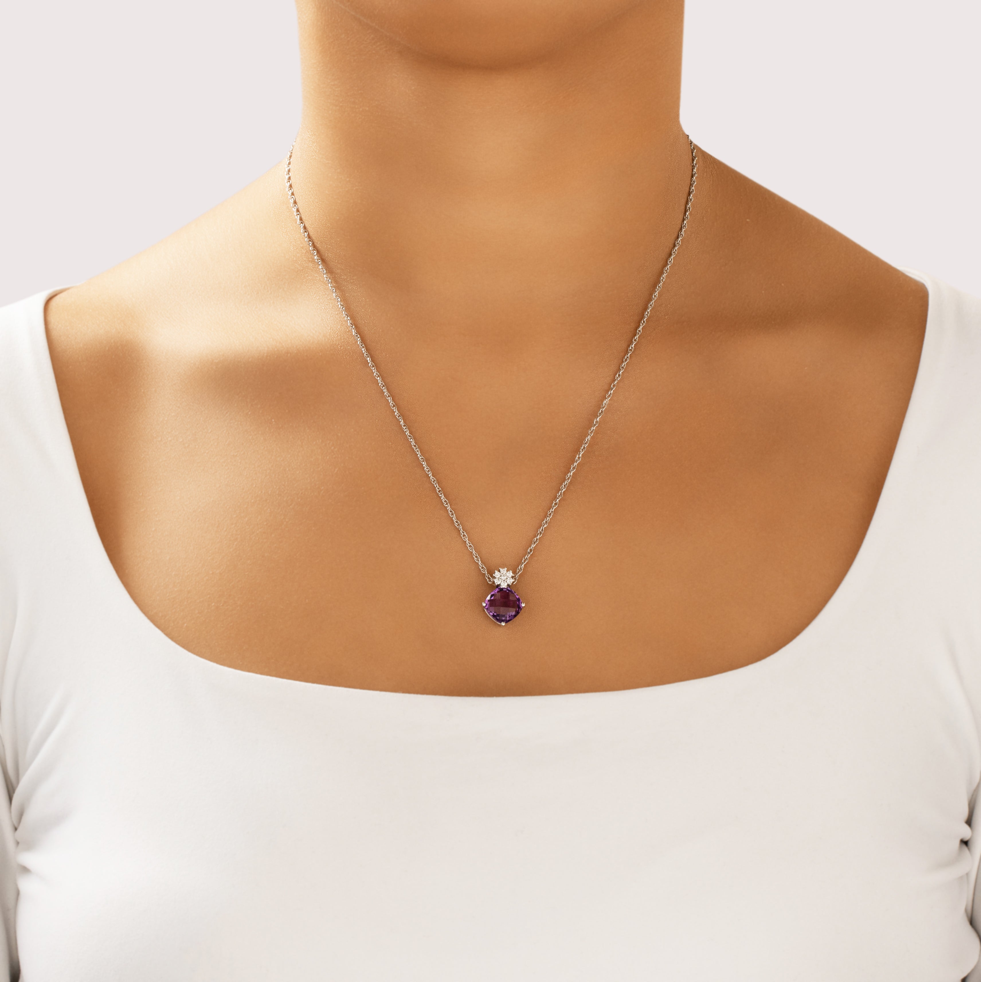 Vintage 14k White Gold 3.79ct Amethyst Diamond Floral Checkerboard Pendant - On model view