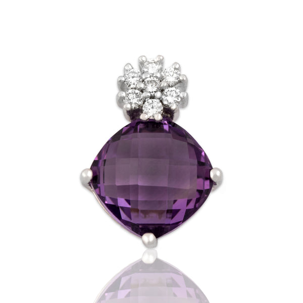 Vintage 14k White Gold 3.79ct Amethyst Diamond Floral Checkerboard Pendant