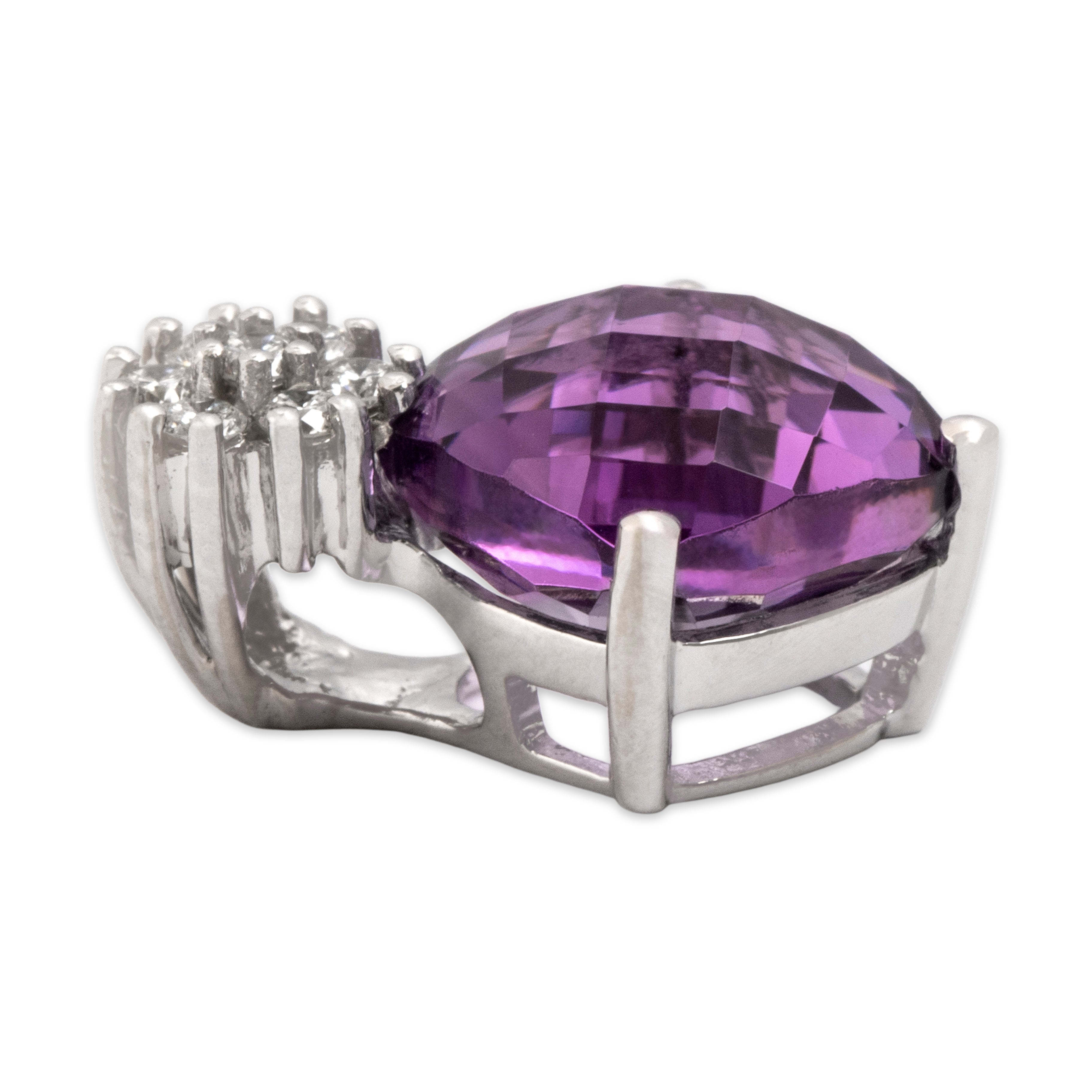 Vintage 14k White Gold 3.79ct Amethyst Diamond Floral Checkerboard Pendant - Side view