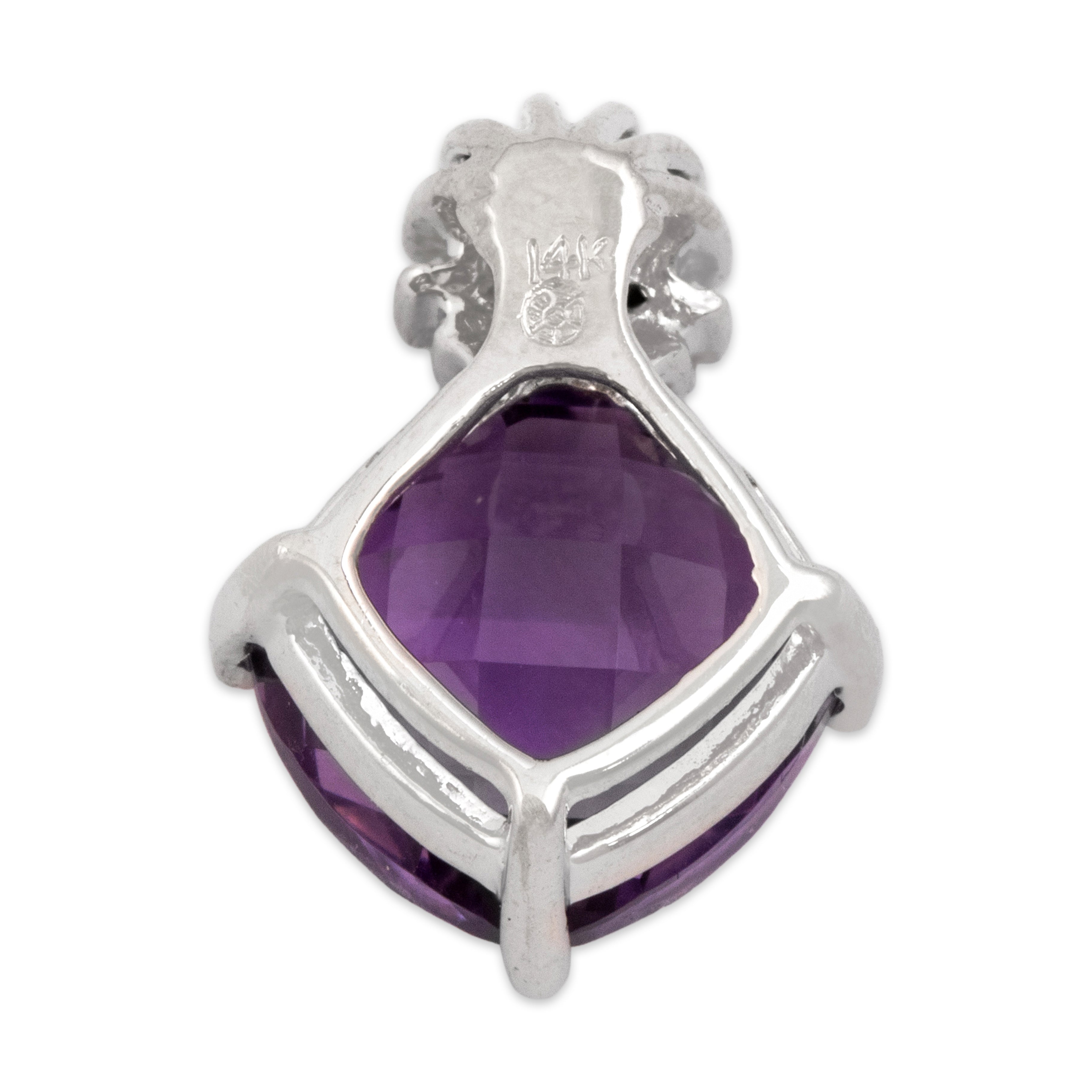 Vintage 14k White Gold 3.79ct Amethyst Diamond Floral Checkerboard Pendant - Back view