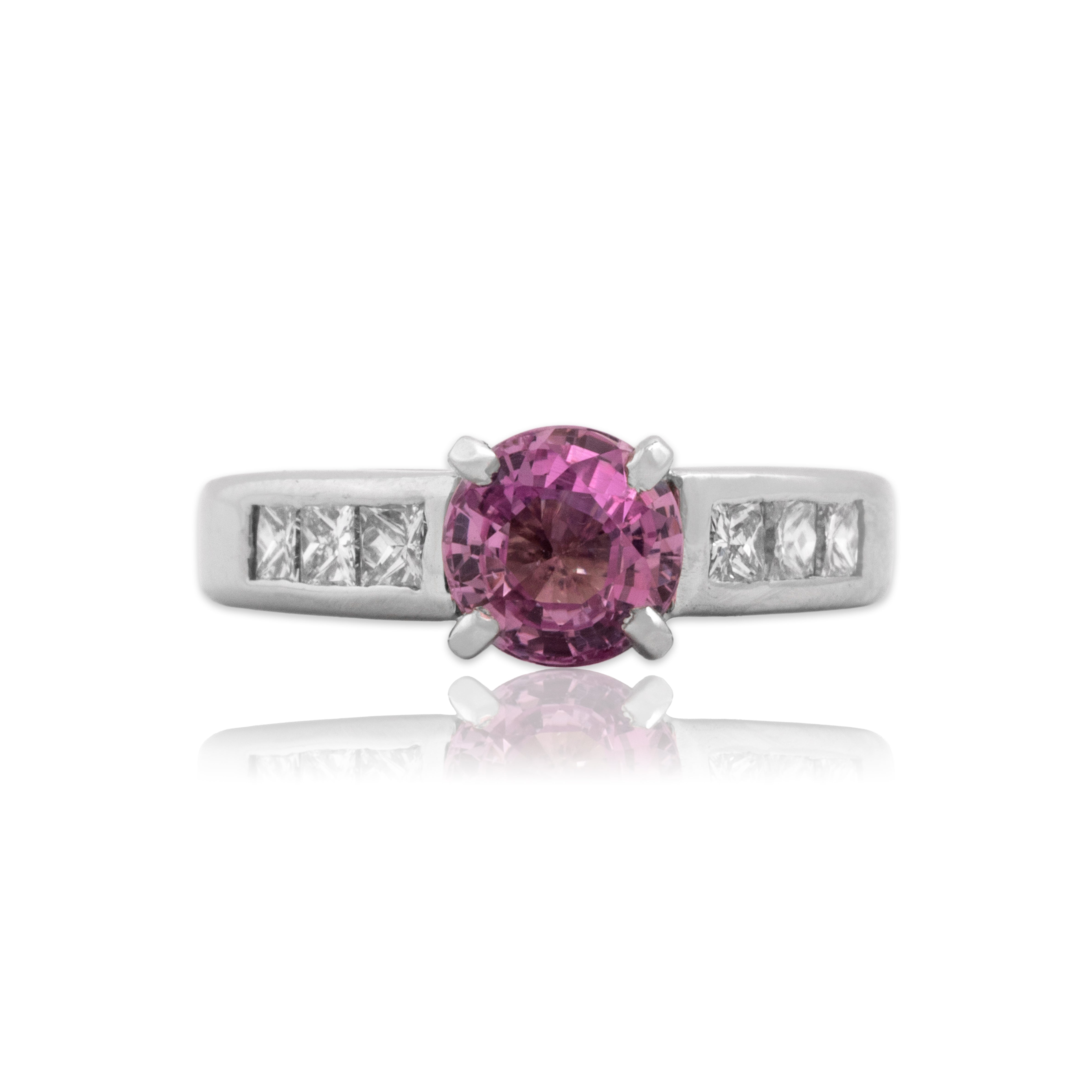 Vintage Platinum 1ct Pink Sapphire Diamond Bright Princess Shoulder Ring 5.25