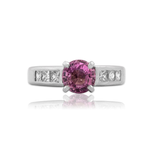 Vintage Platinum 1ct Pink Sapphire Diamond Bright Princess Shoulder Ring 5.25