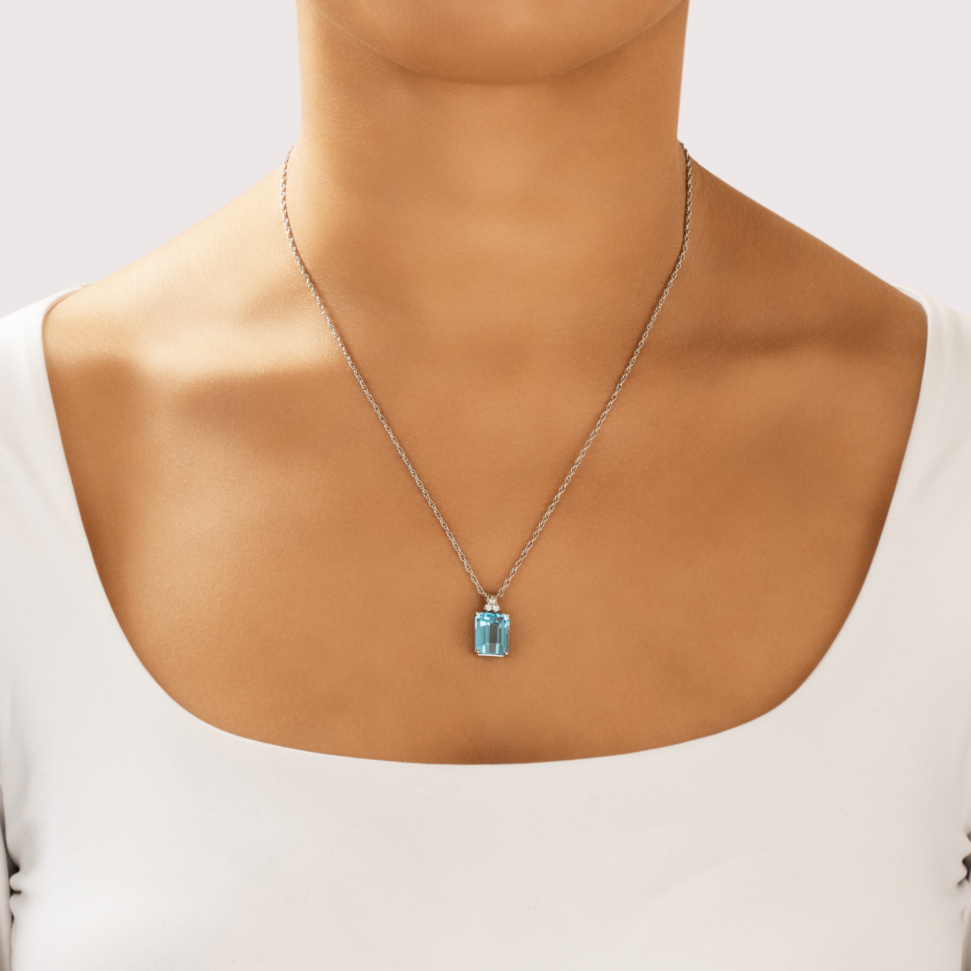 Vintage 14k White Gold 7.56ct Blue Topaz Diamond Flashing Elegance Pendant - On model view