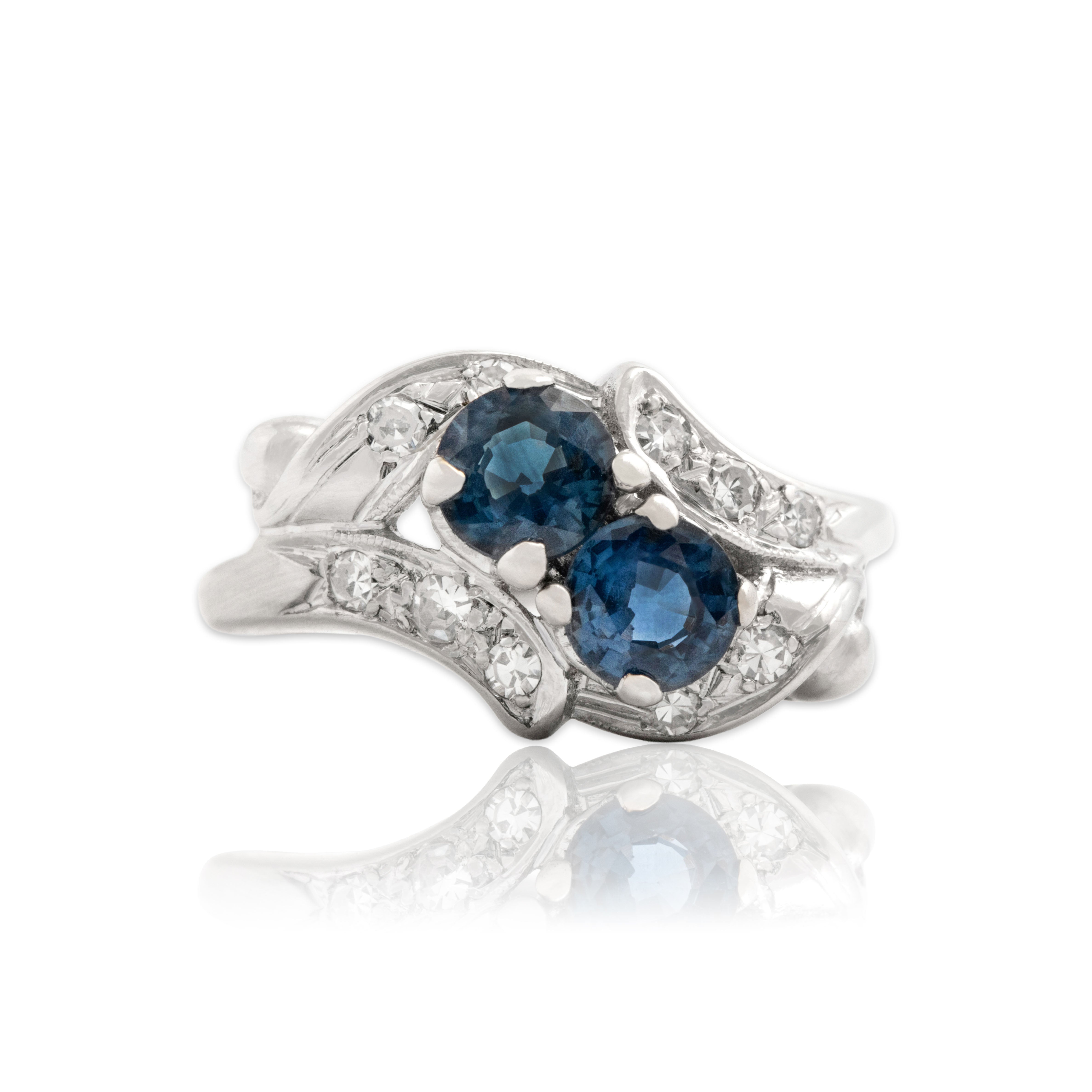 Vintage 14k White Gold .83cttw Blue Sapphire Diamond Bright Bypass Duo Ring 5.25