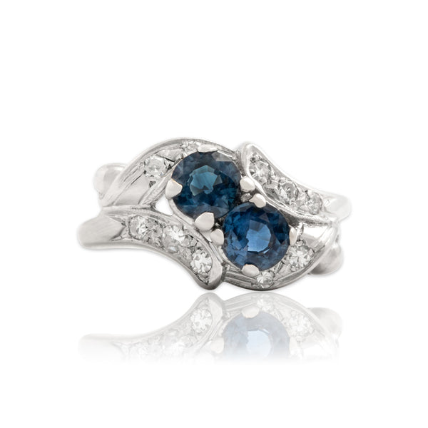 Vintage 14k White Gold .83cttw Blue Sapphire Diamond Bright Bypass Duo Ring 5.25