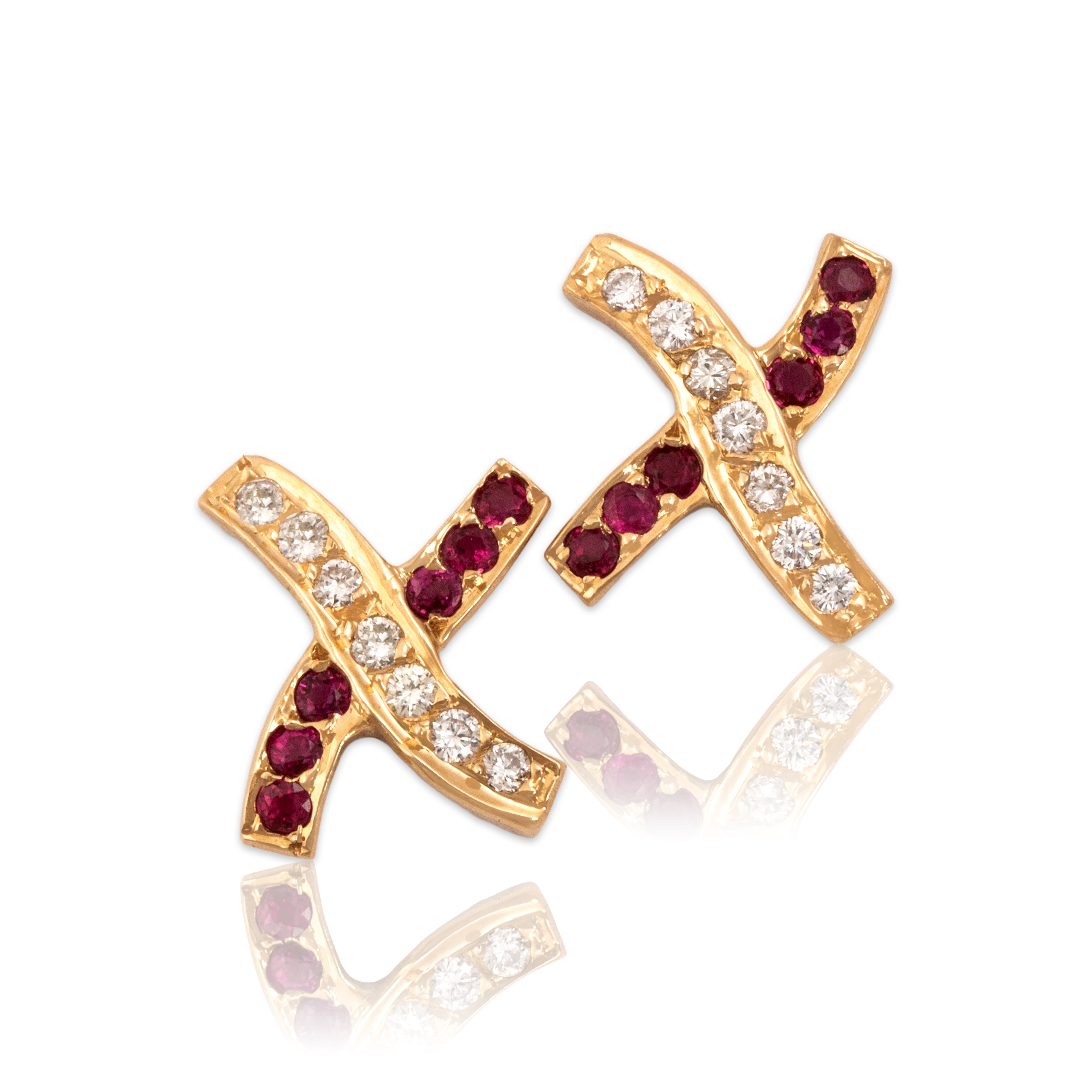 Vintage 14k Yellow Gold Ruby Diamond Swooping X Crossover Stud Earrings - Close-up view