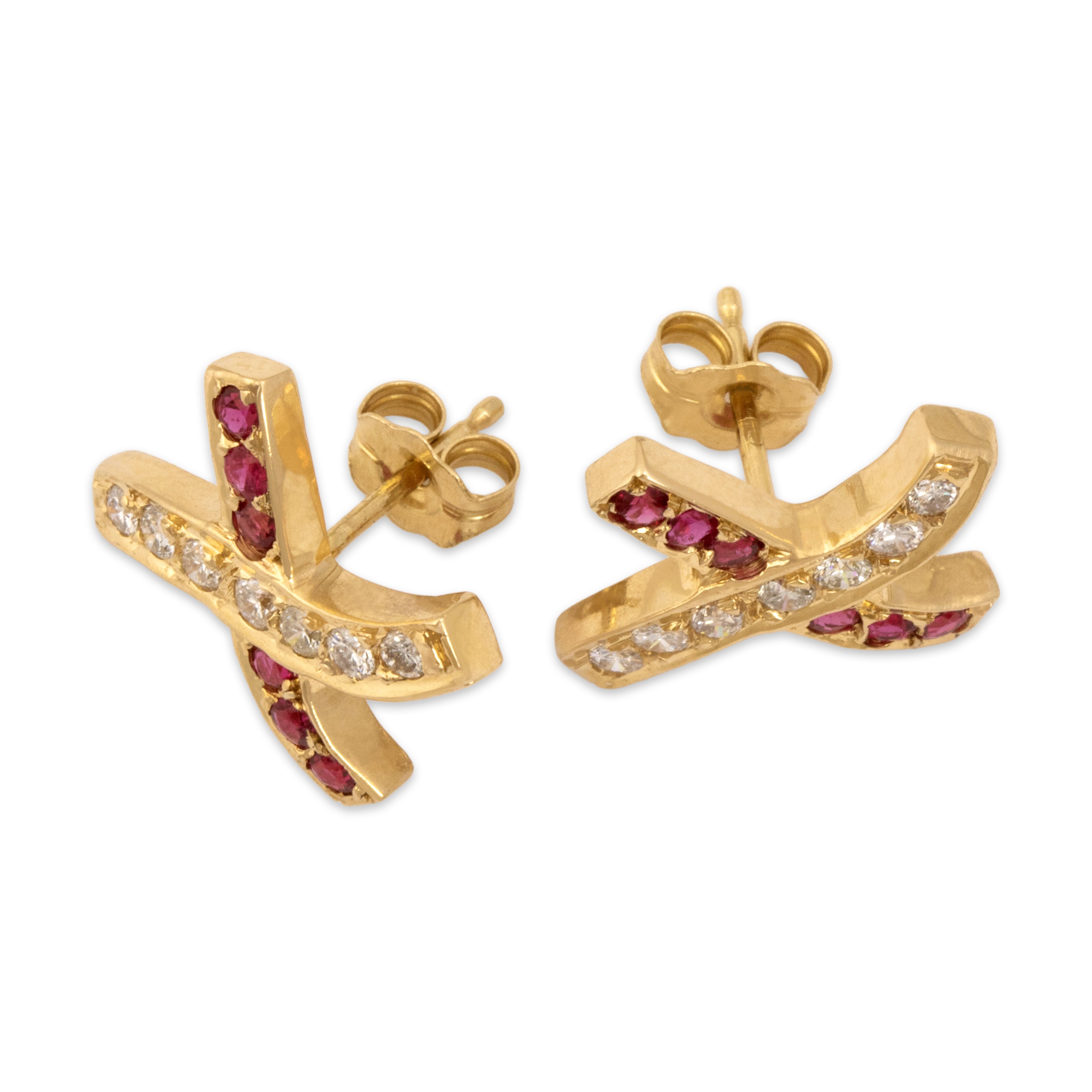 Vintage 14k Yellow Gold Ruby Diamond Swooping X Crossover Stud Earrings - Overall view