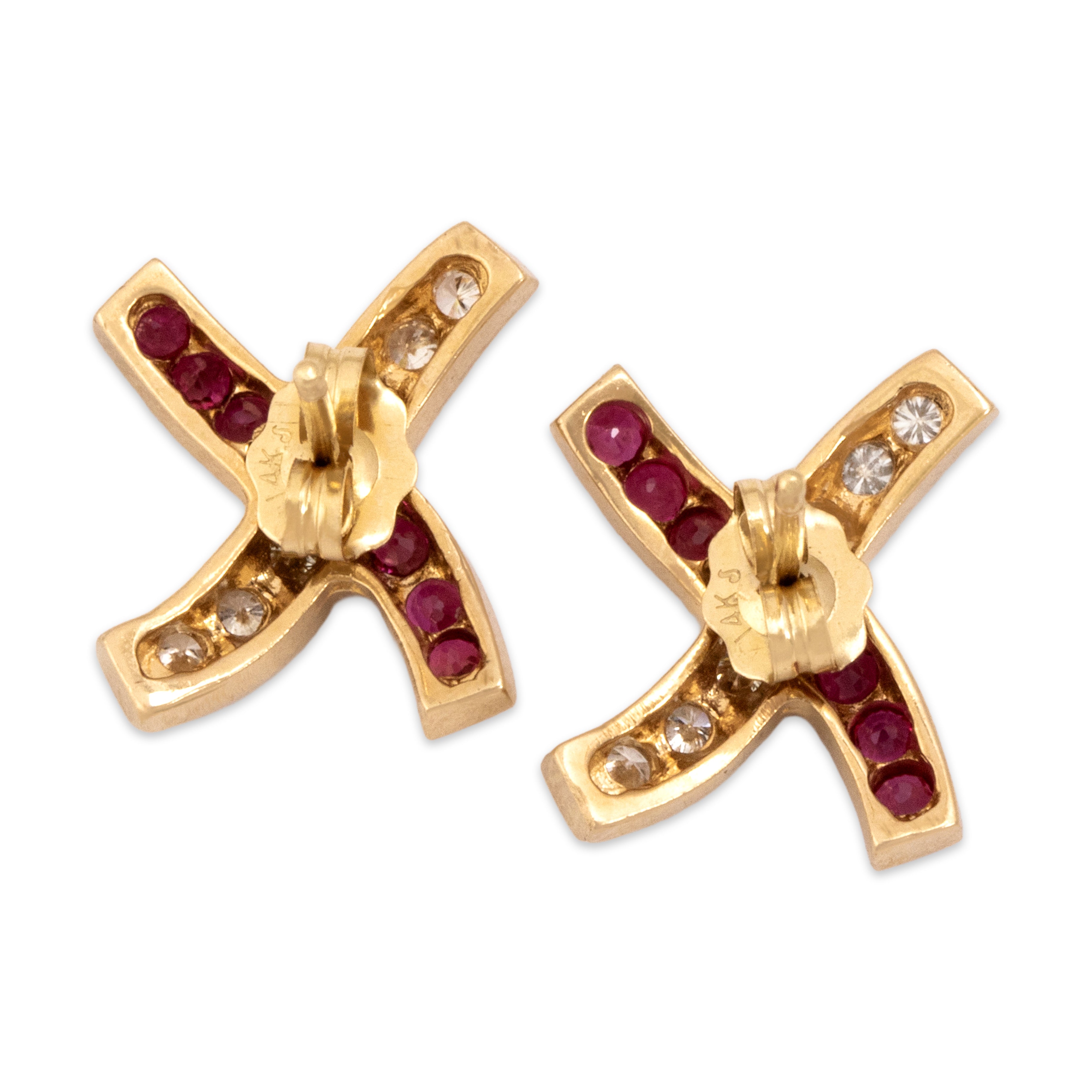 Vintage 14k Yellow Gold Ruby Diamond Swooping X Crossover Stud Earrings - Back view