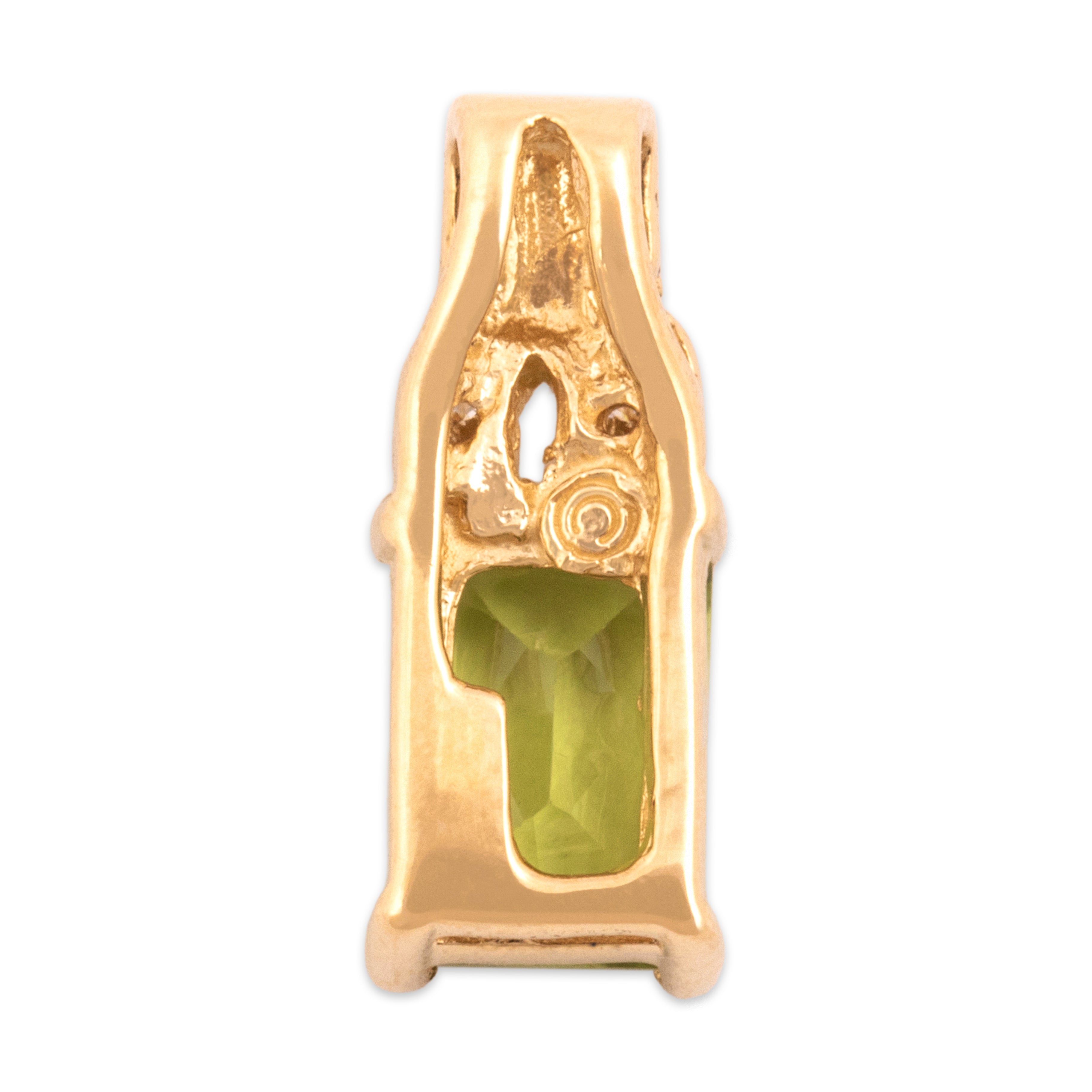 Vintage Small 14k Yellow Gold 1.0ct Peridot Diamond Sculptural Drop Pendant - Back view