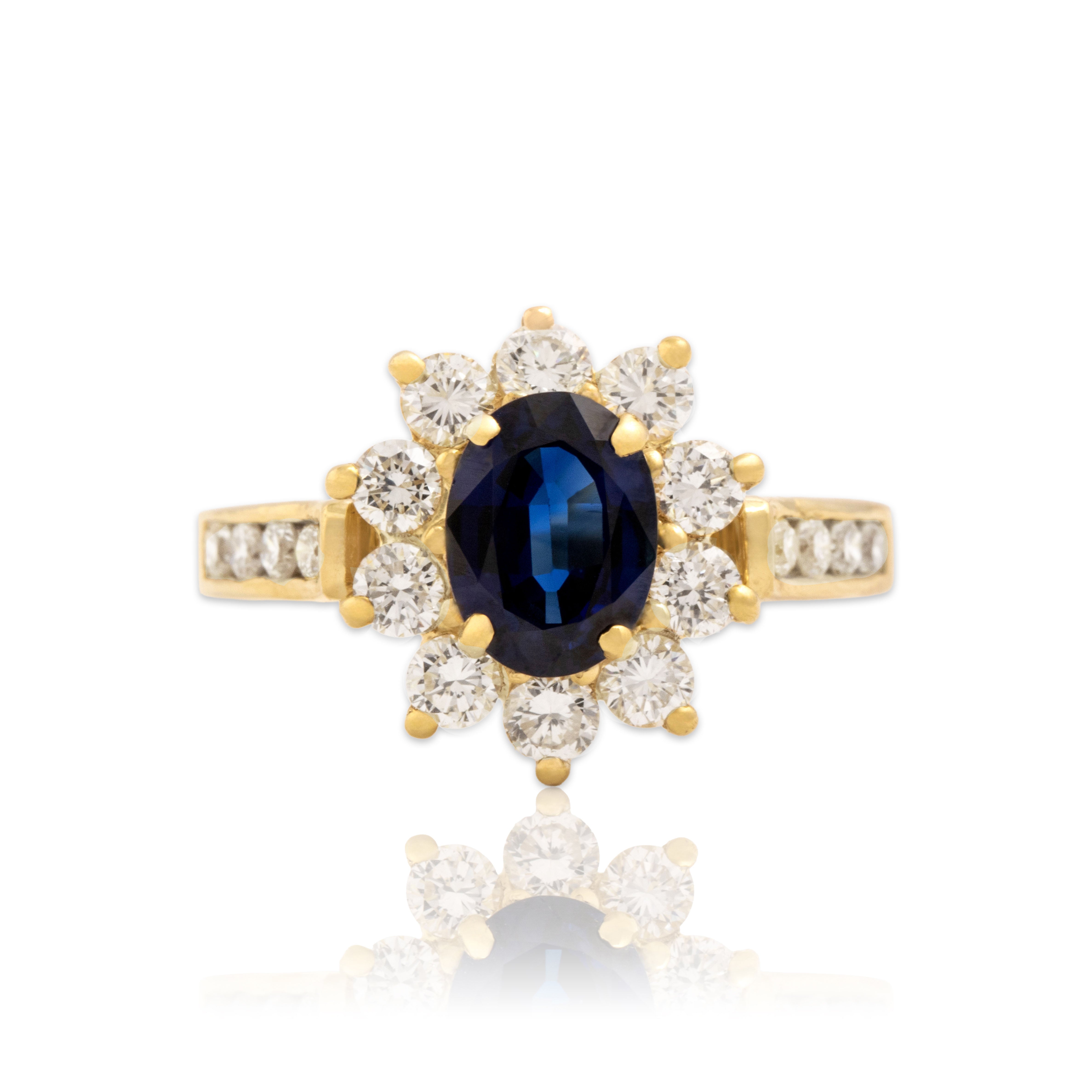 Vintage 18k Yellow Gold 1.46ct Blue Sapphire .89cttw Diamond Stellar Halo Ring 7.00