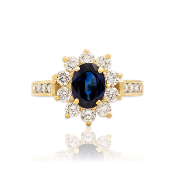 Vintage 18k Yellow Gold 1.46ct Blue Sapphire .89cttw Diamond Stellar Halo Ring 7.00