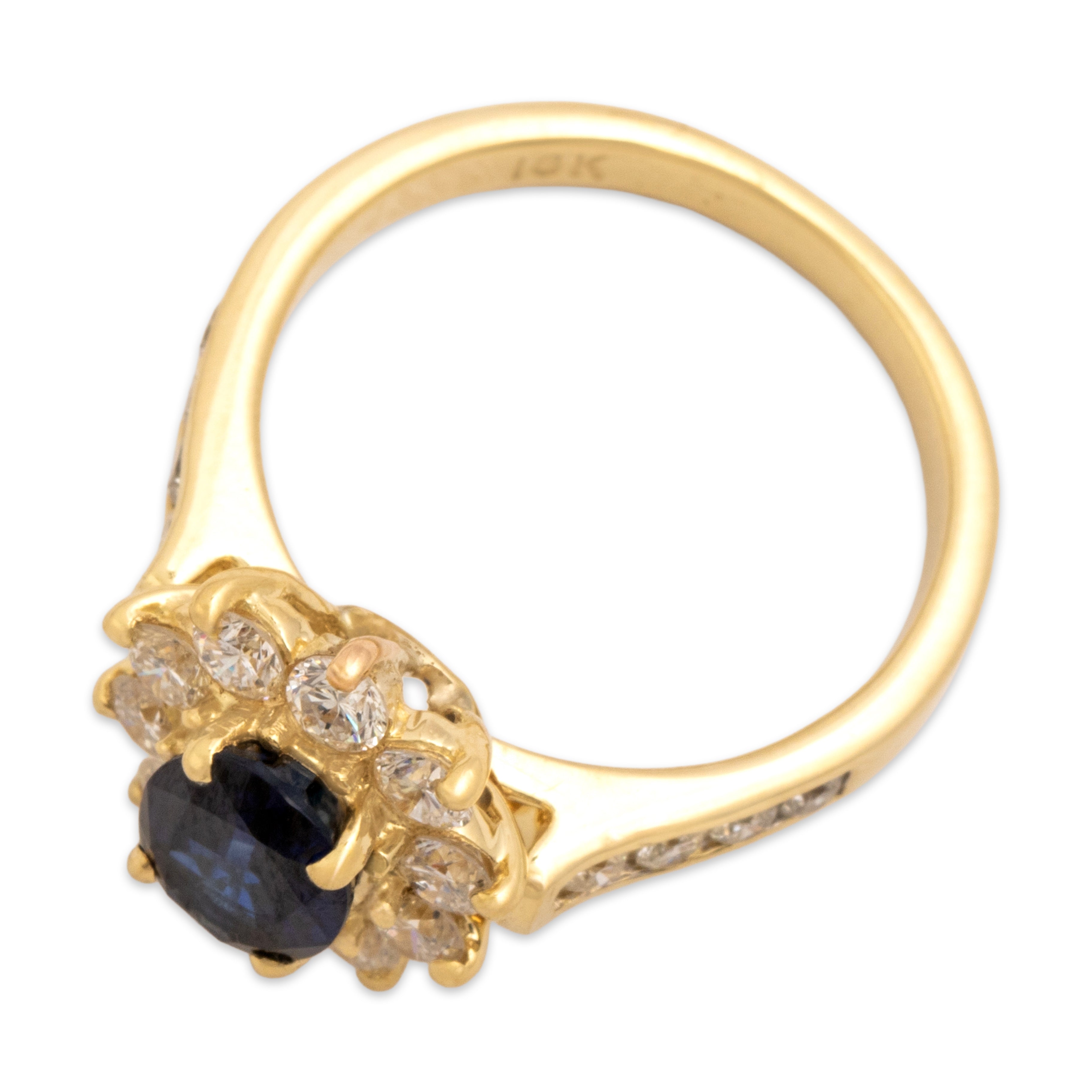 Vintage 18k Yellow Gold 1.46ct Blue Sapphire .89cttw Diamond Spectacular Channel-Shoulder Halo Ring - Overall view