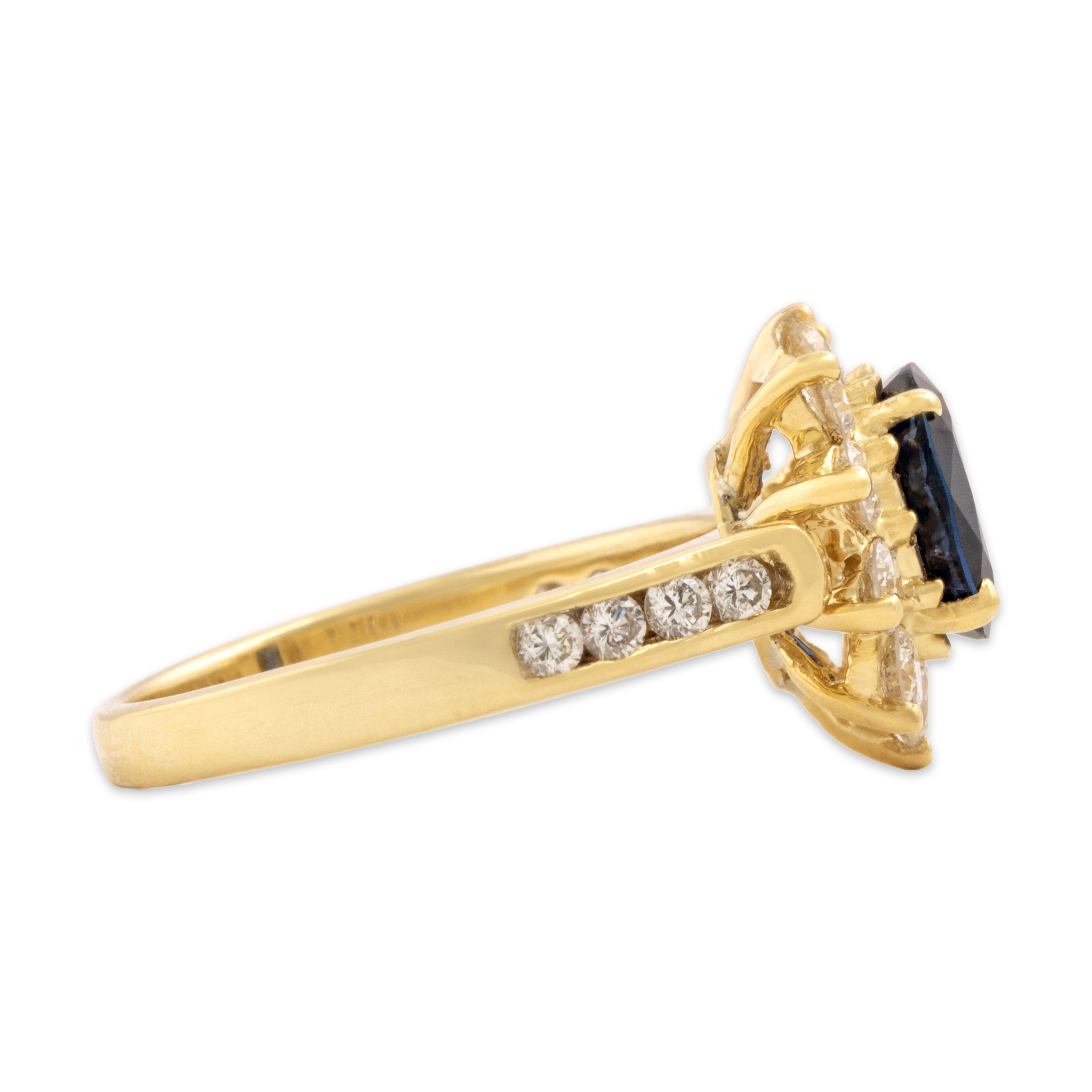 Vintage 18k Yellow Gold 1.46ct Blue Sapphire .89cttw Diamond Spectacular Channel-Shoulder Halo Ring - Side view