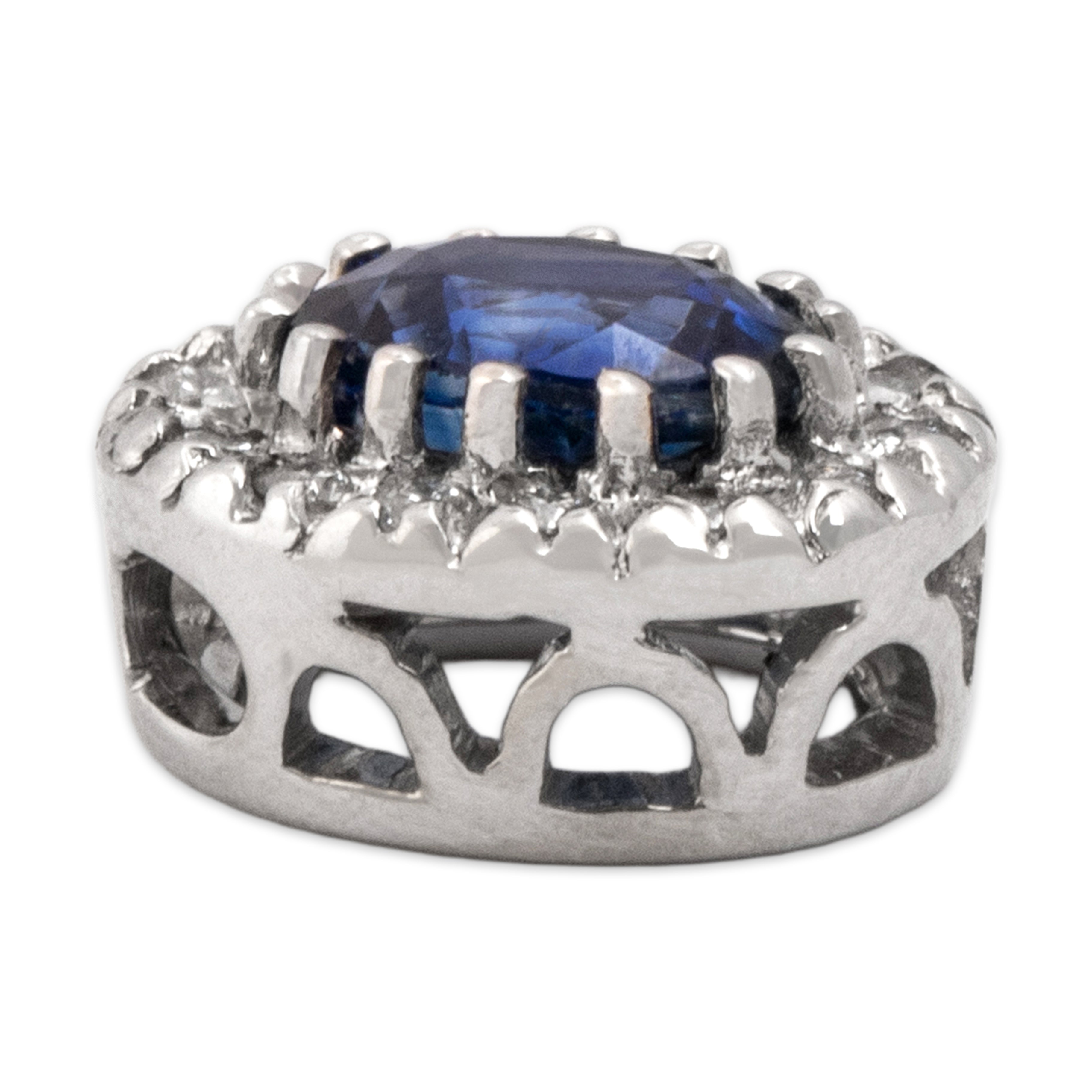 Vintage Small 18k White Gold .55ct Blue Sapphire Diamond Oval Halo Slide Pendant - detail view #1