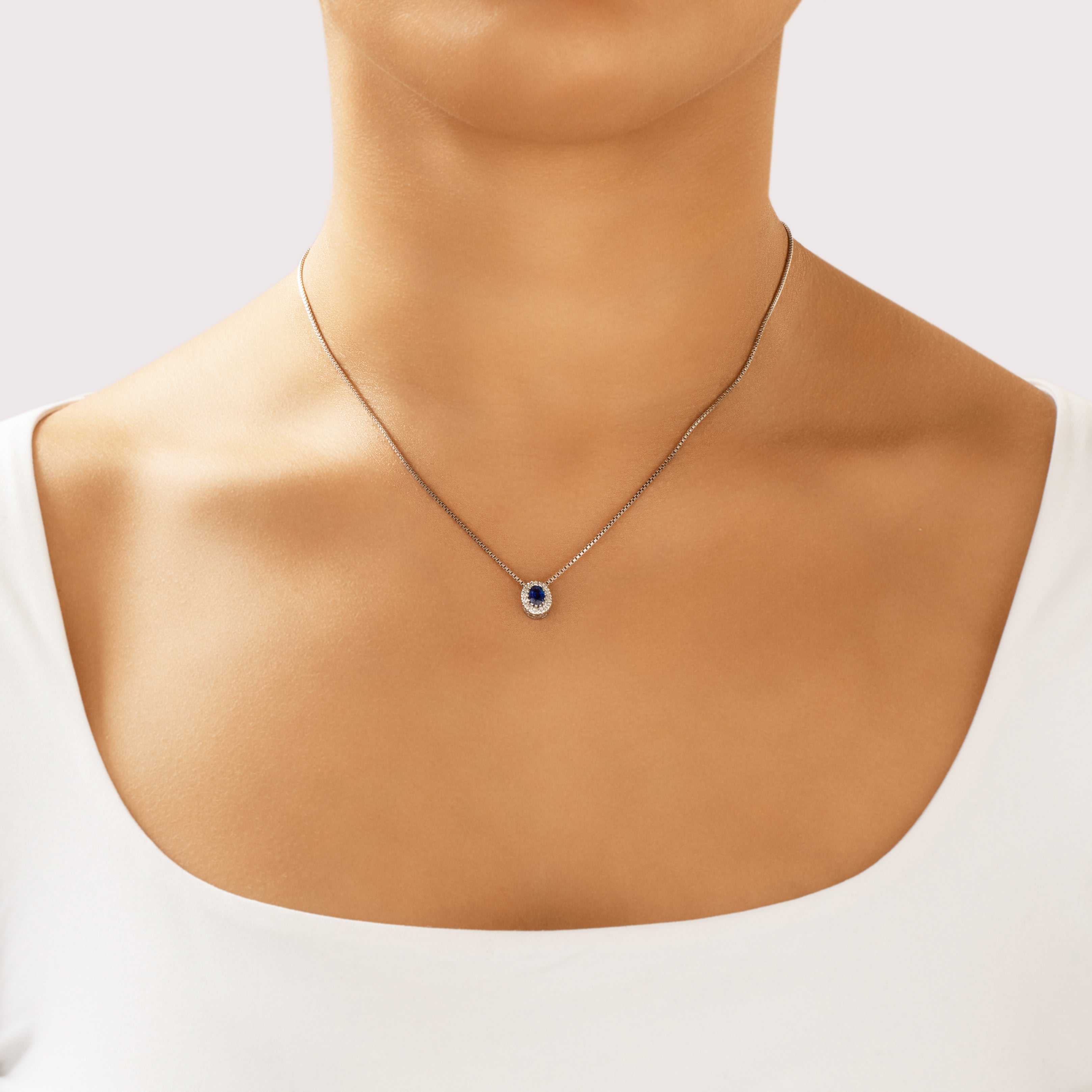 Vintage Small 18k White Gold .55ct Blue Sapphire Diamond Oval Halo Slide Pendant - On model view