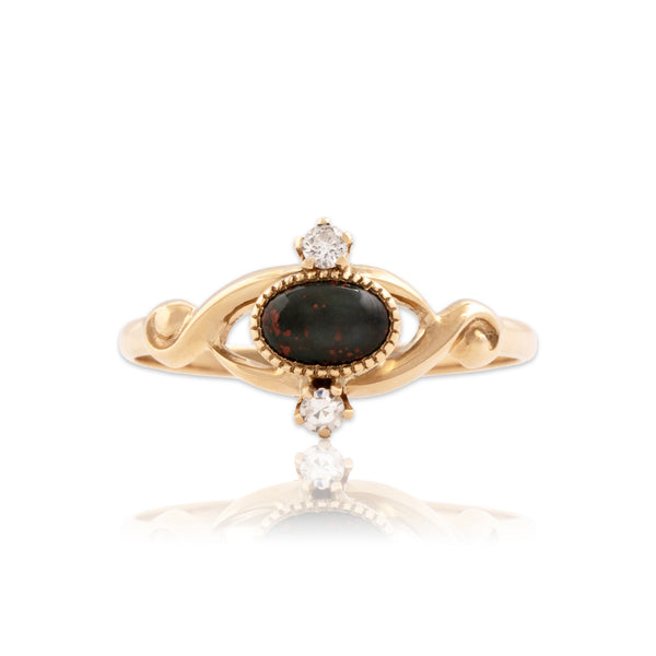 Vintage 10k Yellow Gold Bloodstone Diamond Entwined Dimensional Trio Ring 6.50