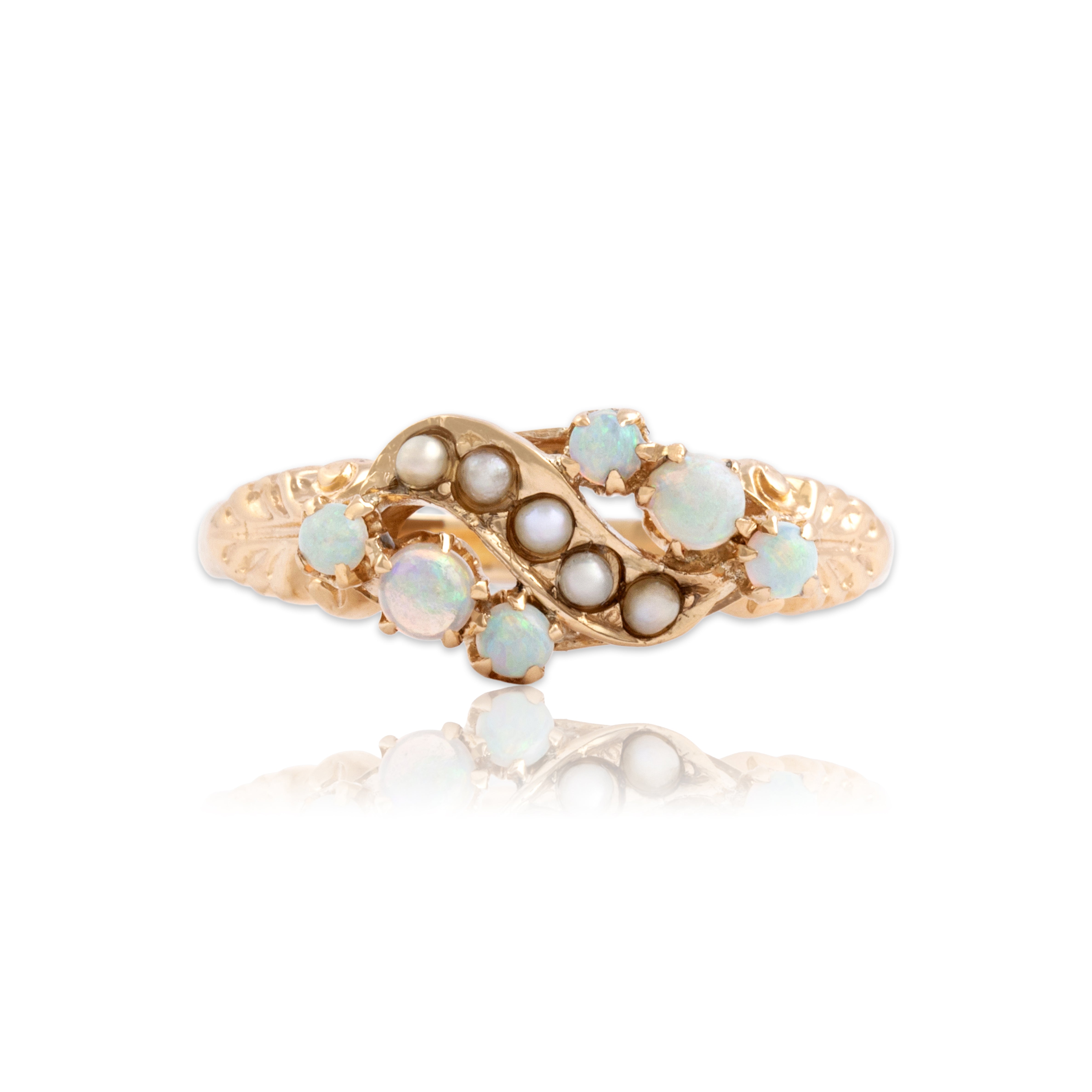 Antique Victorian 10k Yellow Gold Opal Pearl Scrolling Leafy Shoulders Ring 7.50