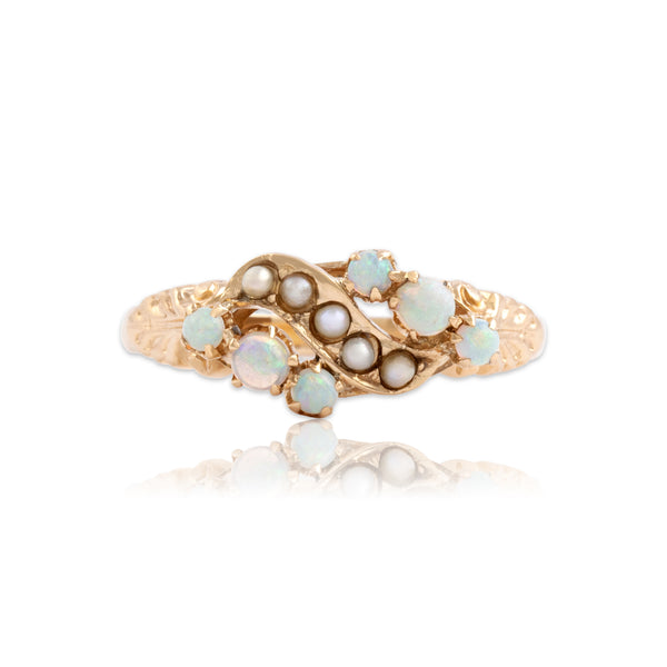 Antique Victorian 10k Yellow Gold Opal Pearl Scrolling Leafy Shoulders Ring 7.50