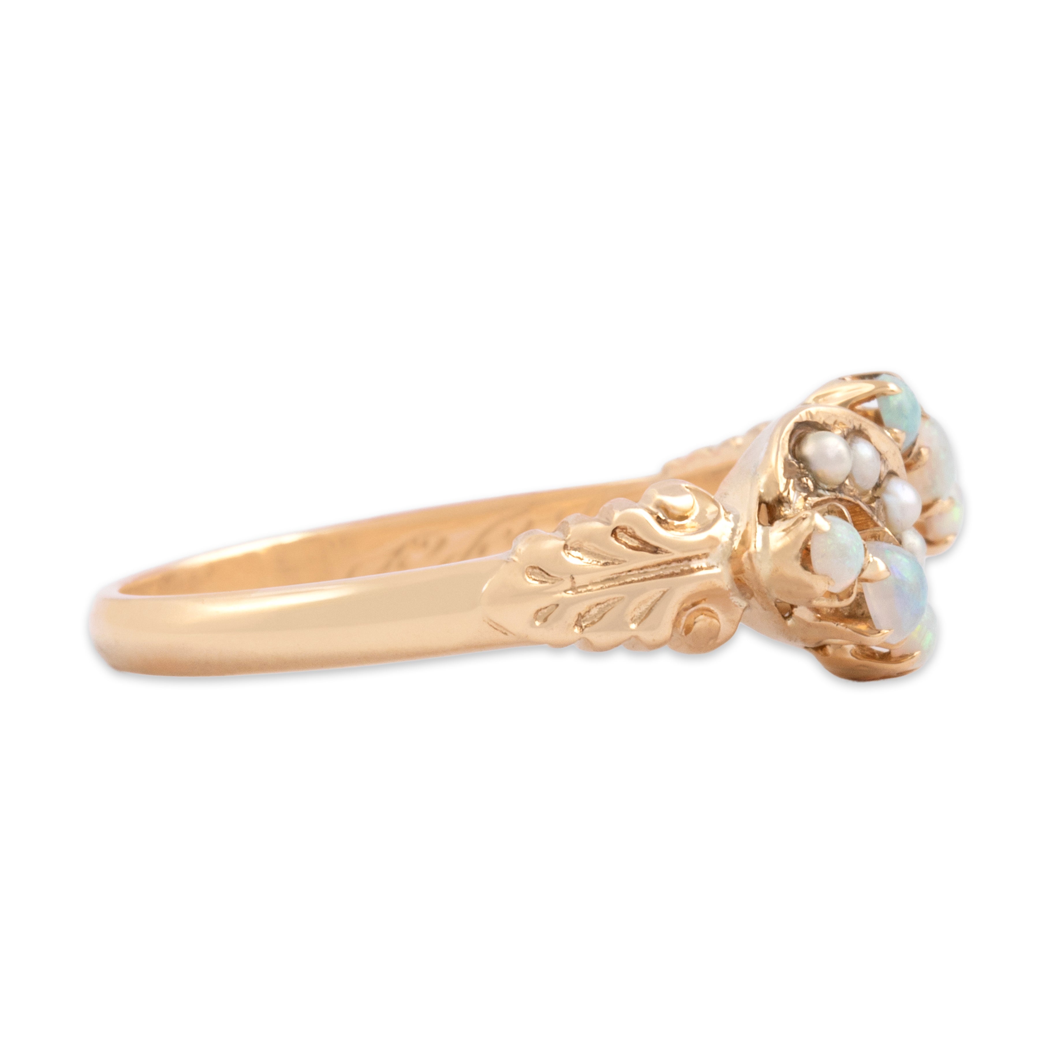 Antique Victorian 10k Yellow Gold Opal Pearl Scrolling Leafy Shoulders Ring - Side view