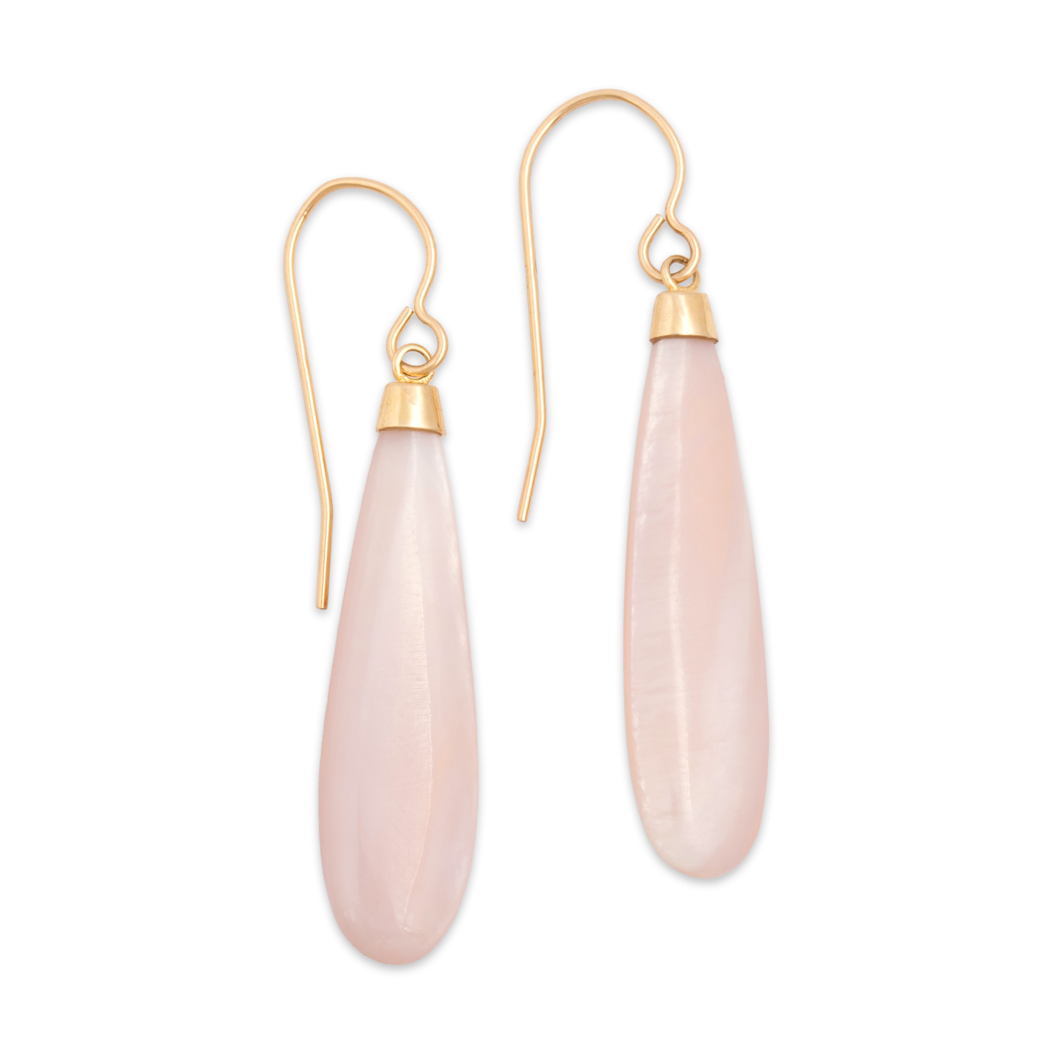 Vintage 14k Yellow Gold Pink Shell Glowing Lozenge Dangle Earrings - Overall view