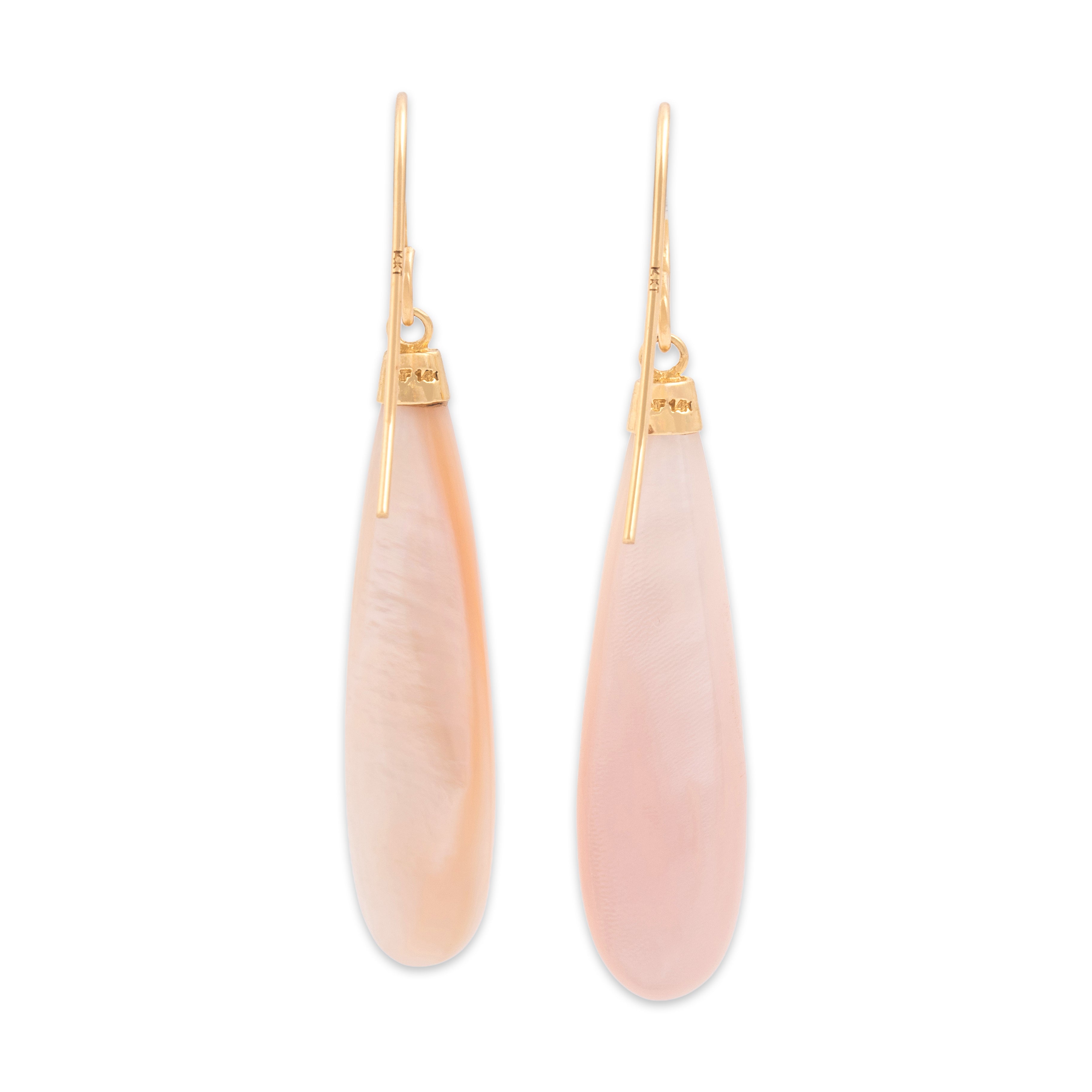 Vintage 14k Yellow Gold Pink Shell Glowing Lozenge Dangle Earrings - Back view