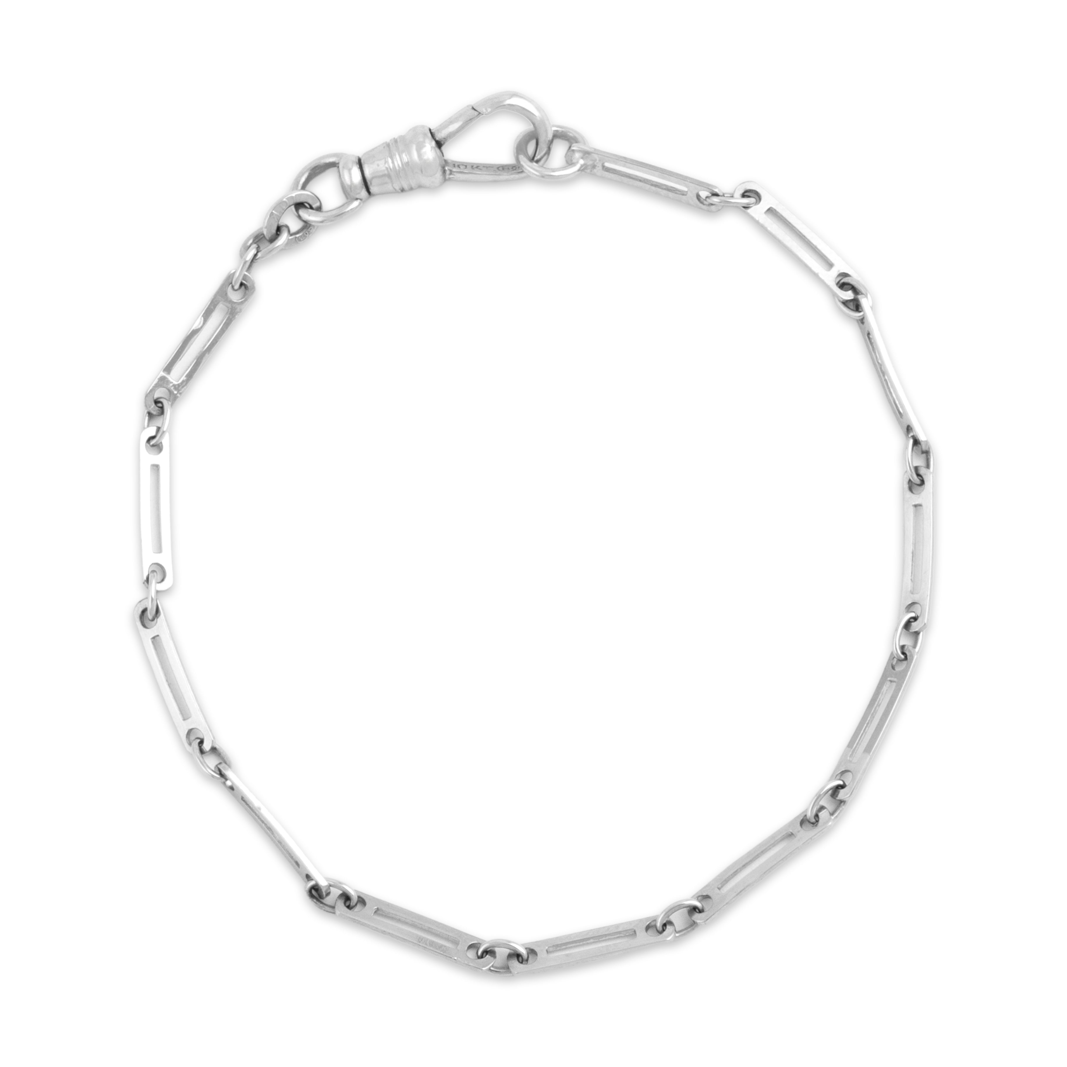 Vintage Lightweight 10k White Gold Sleek Bar Link Dog Clip Clasp Bracelet - Close-up view