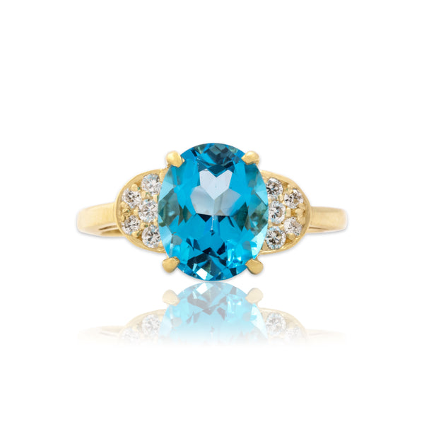 Vintage 18k Yellow Gold 3.1ct Blue Topaz Diamond Bright Adorned Oval Ring 5.75