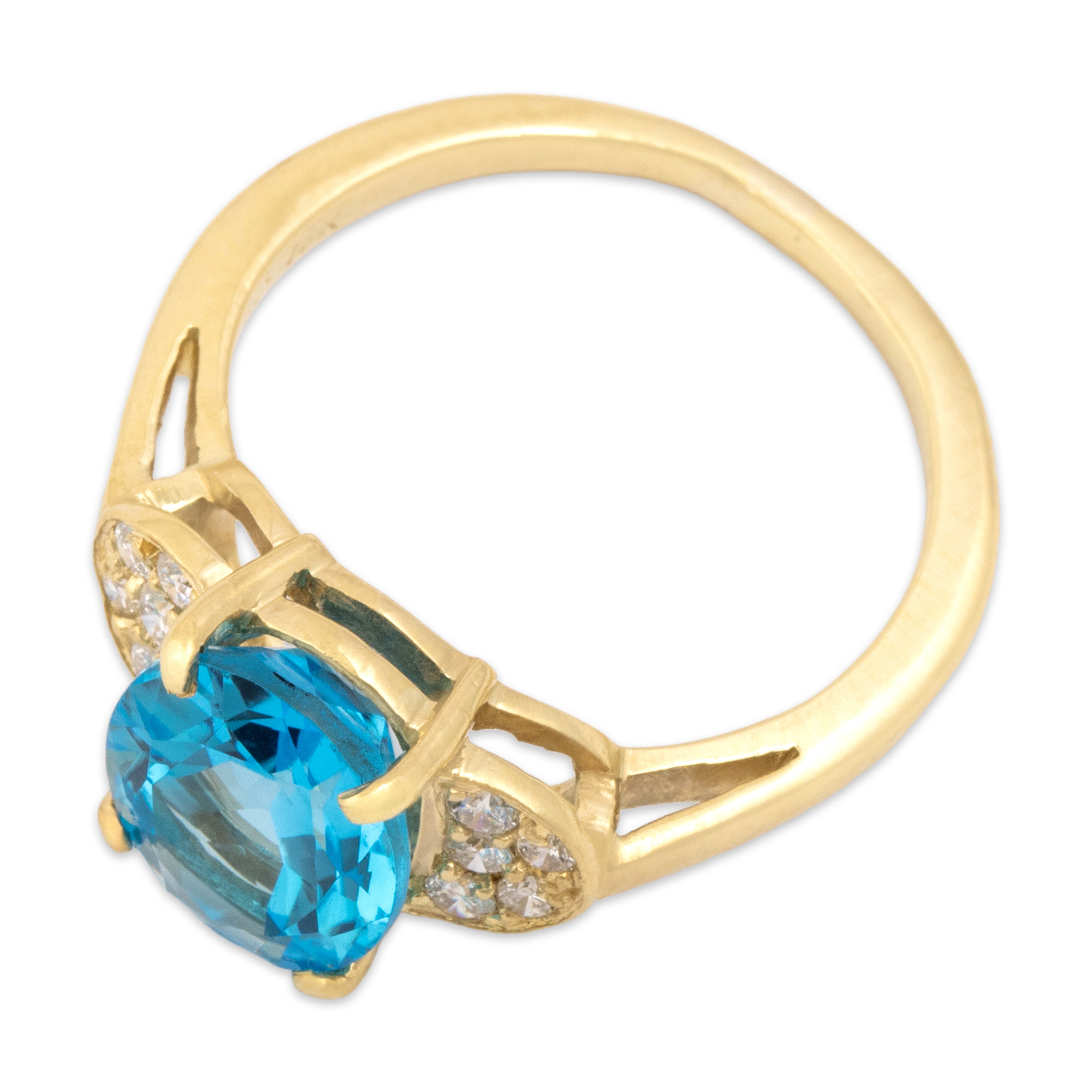 Vintage 18k Yellow Gold 3.1ct Blue Topaz Diamond Bright Adorned Oval Ring - Overall view