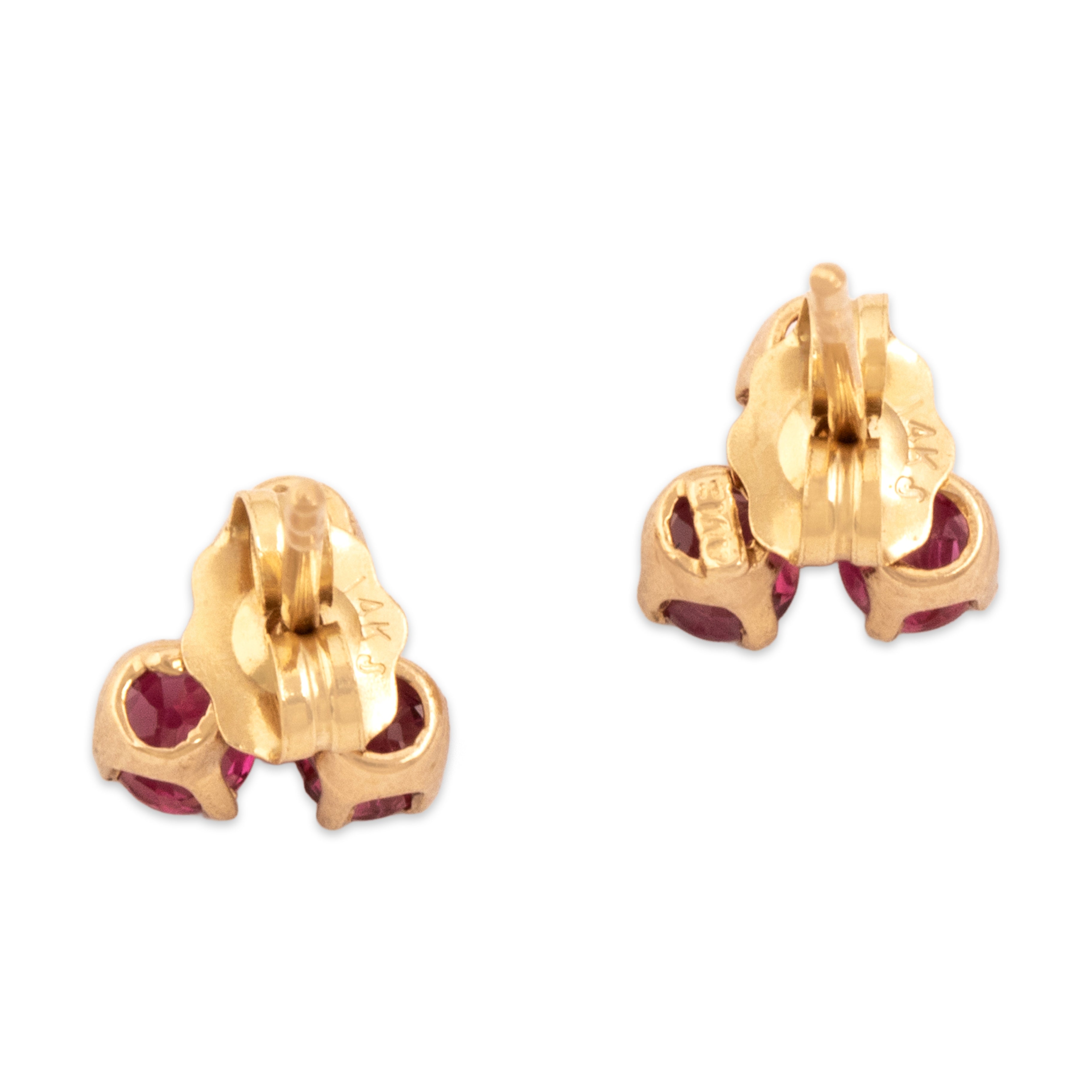 Vintage Small 14k Yellow Gold Ruby Chic Trefoil Stud Earrings - Back view