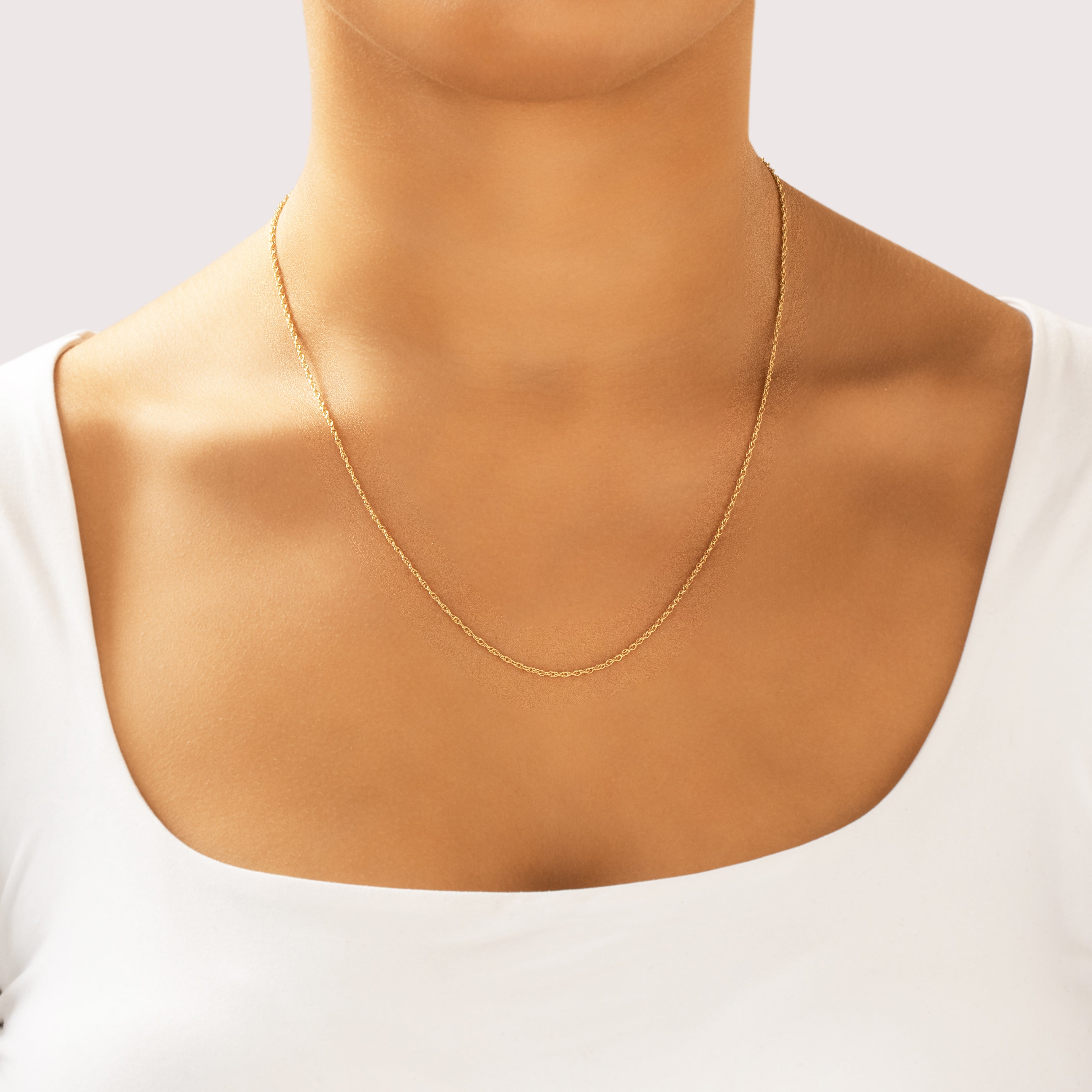 Vintage 14k Yellow Gold 1.4mm Dainty Twisting Rope Chain - On model view