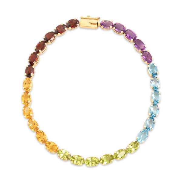 Vintage 14k Yellow Gold Multistone Rainbow Playful Tennis Link Bracelet 7